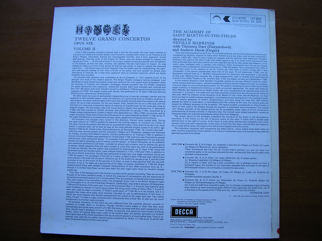 SXL 6370  HANDEL: 12 GRAND CONCERTOS Op. 6   Volume 2      MARRINER / ASMIF   ED3