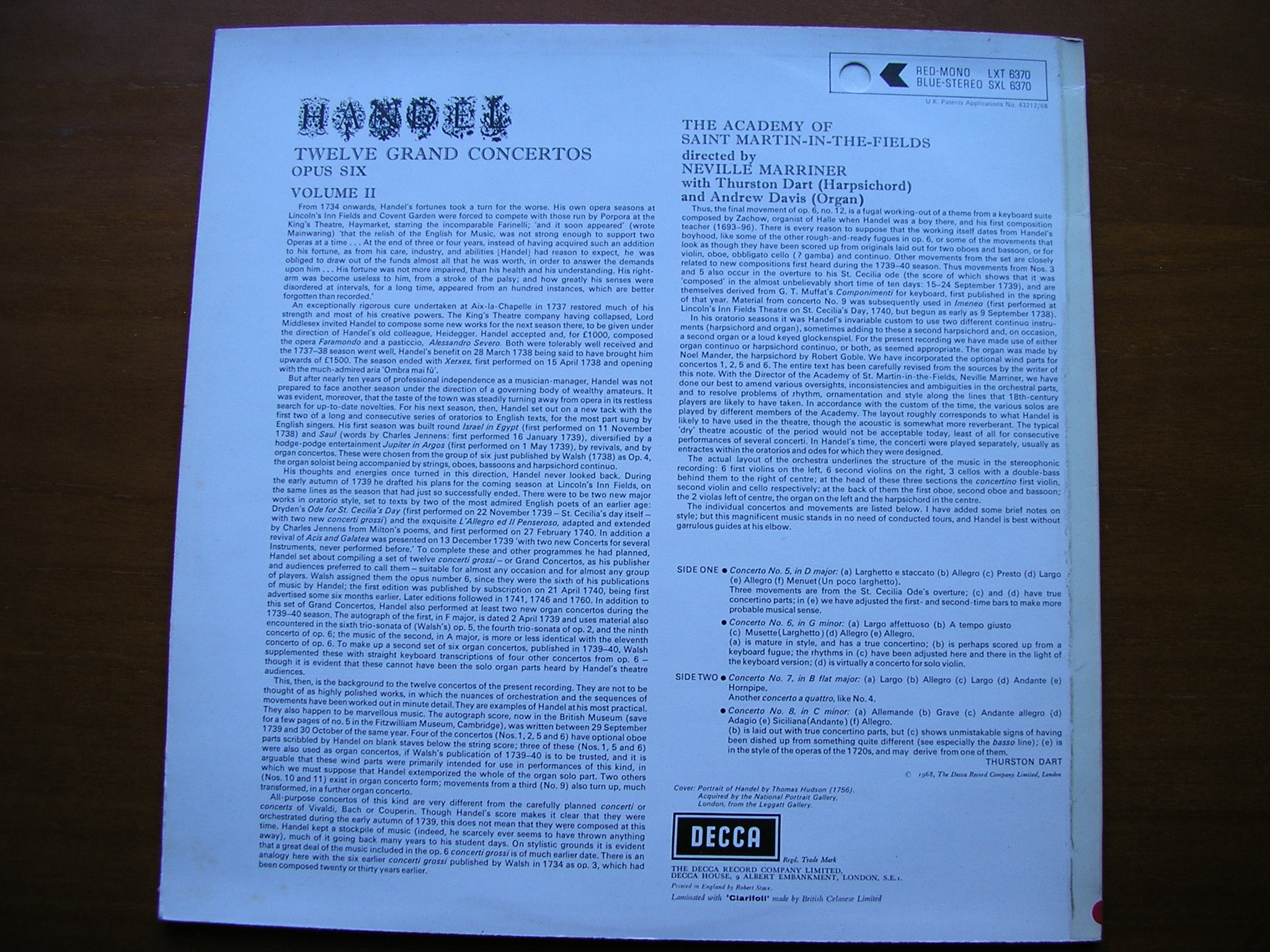 SXL 6370  HANDEL: 12 GRAND CONCERTOS Op. 6   Volume 2      MARRINER / ASMIF   ED3