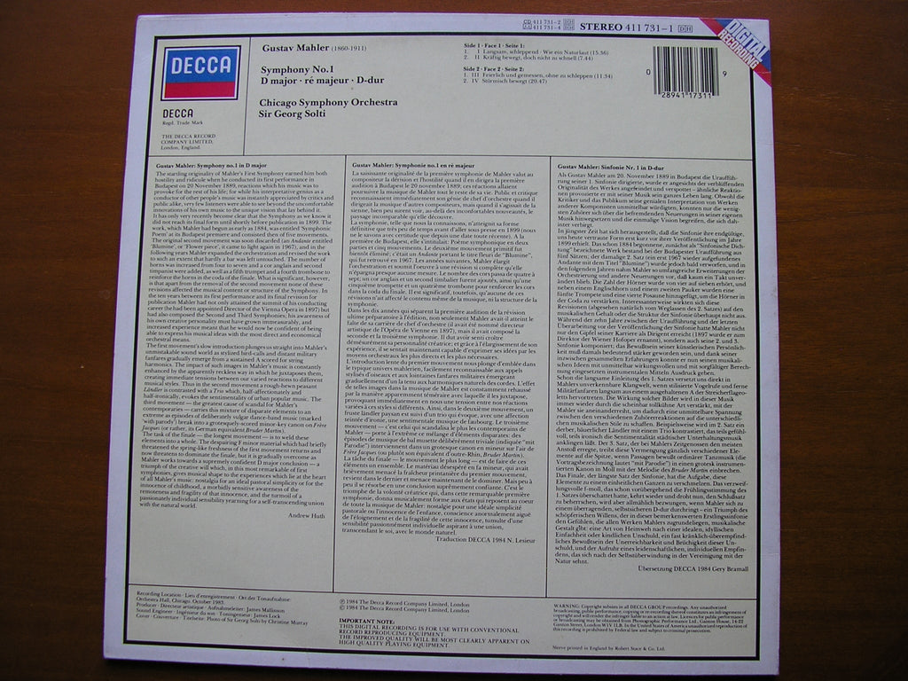 MAHLER: SYMPHONY No. 1       SOLTI / CHICAGO SYMPHONY    411 731