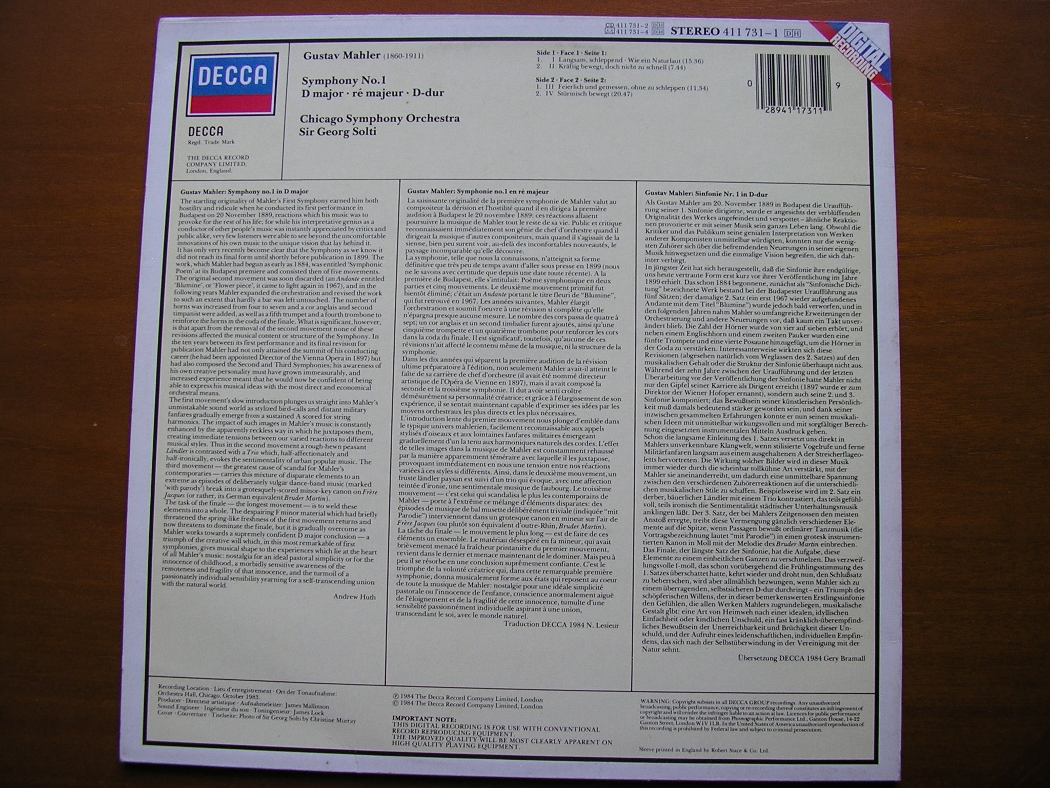 MAHLER: SYMPHONY No. 1       SOLTI / CHICAGO SYMPHONY    411 731