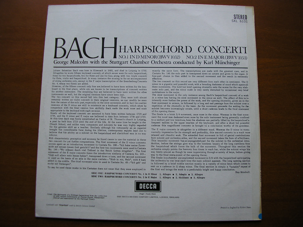 SXL 6101  BACH:  HARPSICHORD CONCERTOS Nos. 1 & 2     MALCOM / STUTTGART CHAMBER ORCHESTRA / MUNCHINGER      ED1