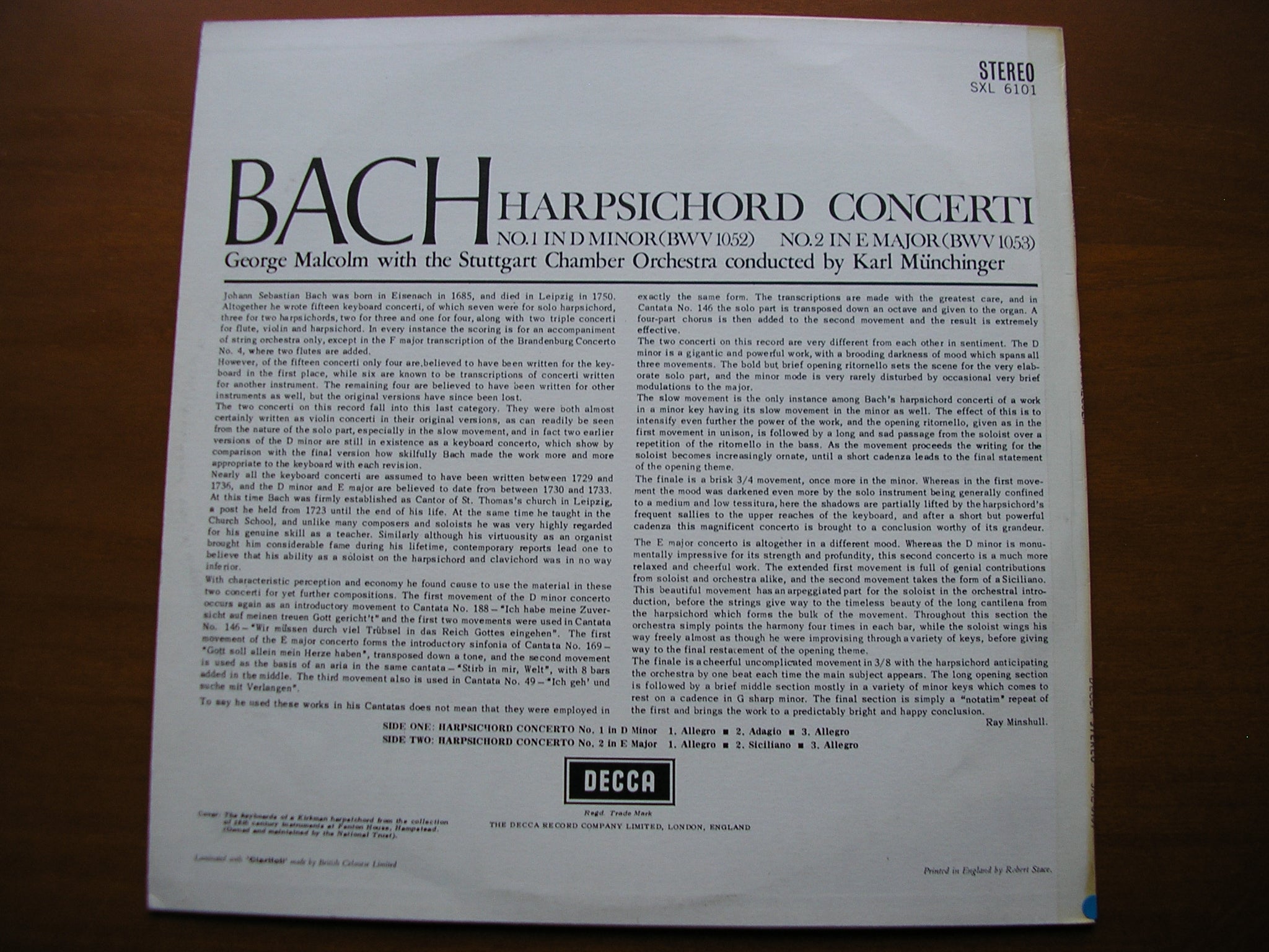 SXL 6101  BACH:  HARPSICHORD CONCERTOS Nos. 1 & 2     MALCOM / STUTTGART CHAMBER ORCHESTRA / MUNCHINGER      ED1
