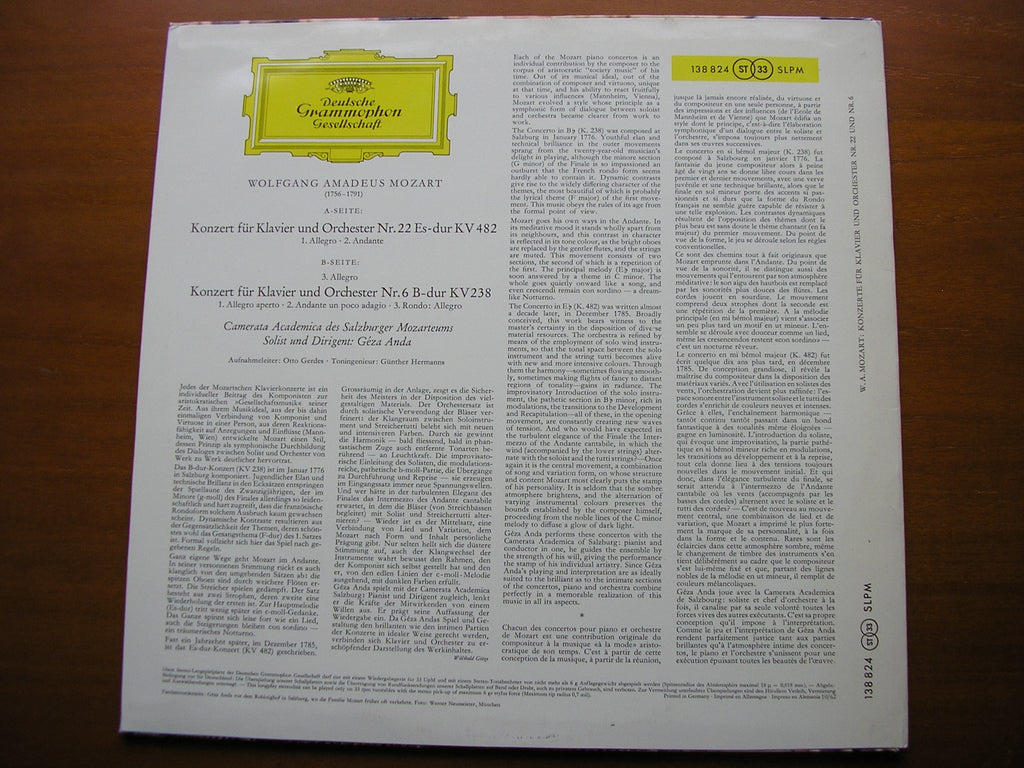 MOZART: PIANO CONCERTOS Nos. 6 & 22      ANDA / CAMERATA ACADEMICA  138 824