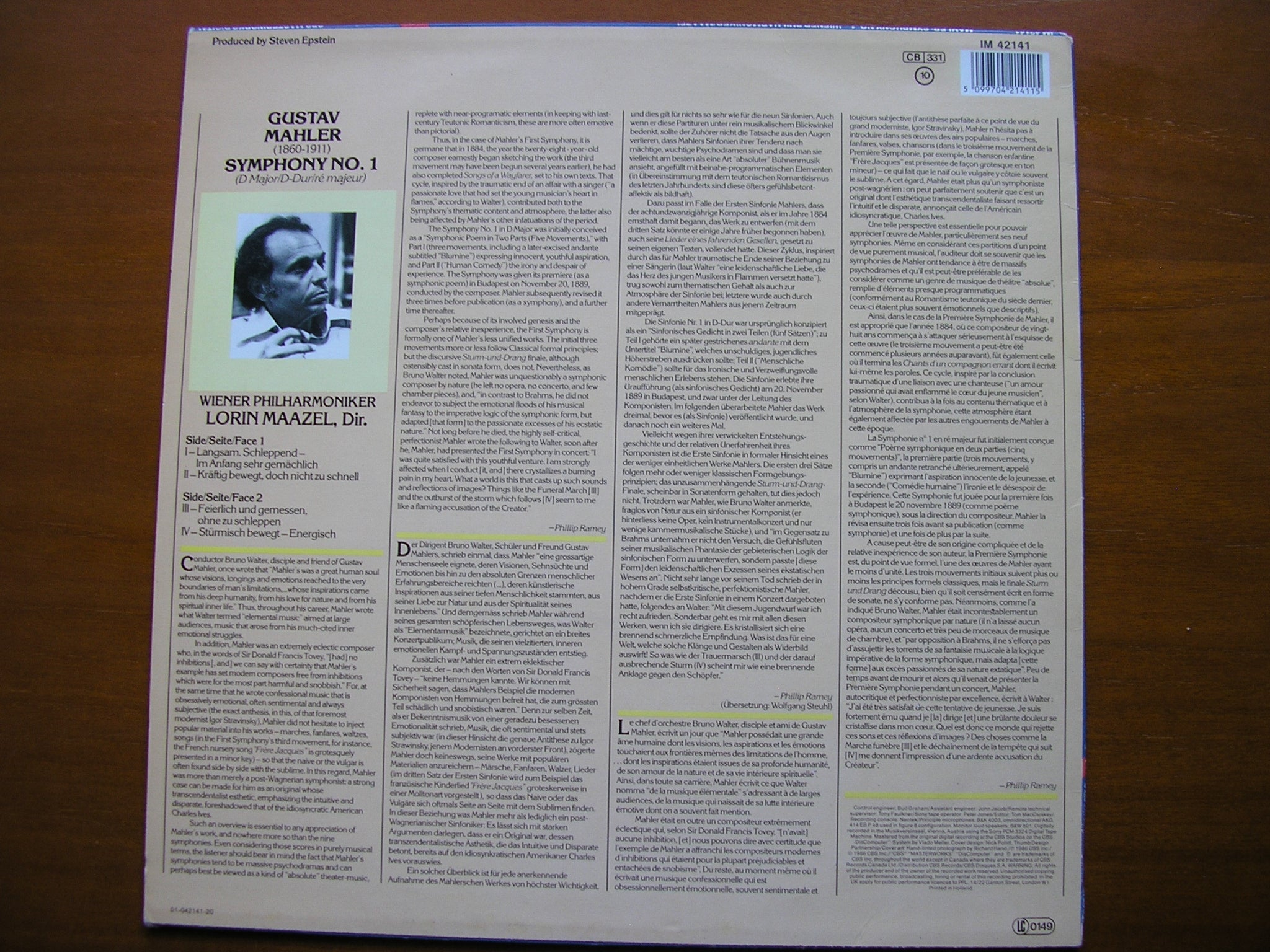 MAHLER: SYMPHONY No. 1       MAAZEL / VIENNA PHILHARMONIC      IM 42141