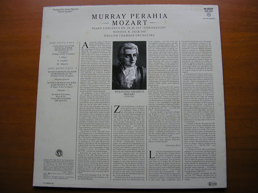 MOZART: PIANO CONCERTOS No. 26 'Coronation' / RONDOS K382 & K386     PERAHIA / ENGLISH CHAMBER ORCHESTRA   IM 39224