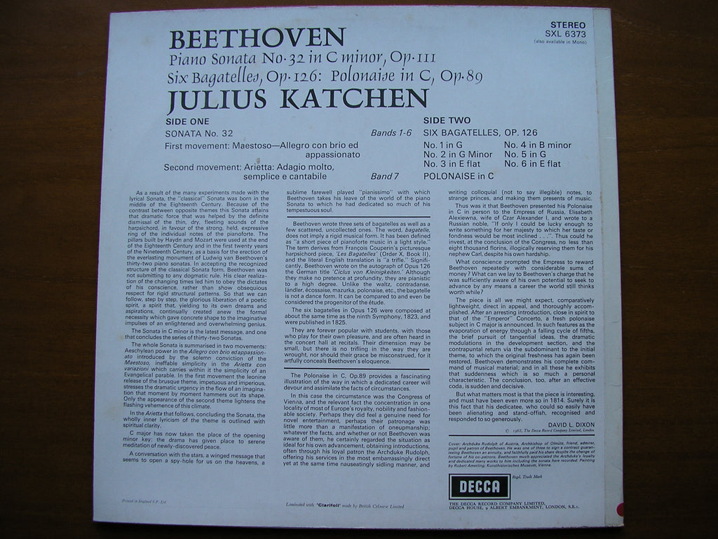 SXL 6373  BEETHOVEN: PIANO SONATA No. 32 / BAGATELLES  Op. 126 / POLONAISE Op. 89      JULIUS KATCHEN    ED3
