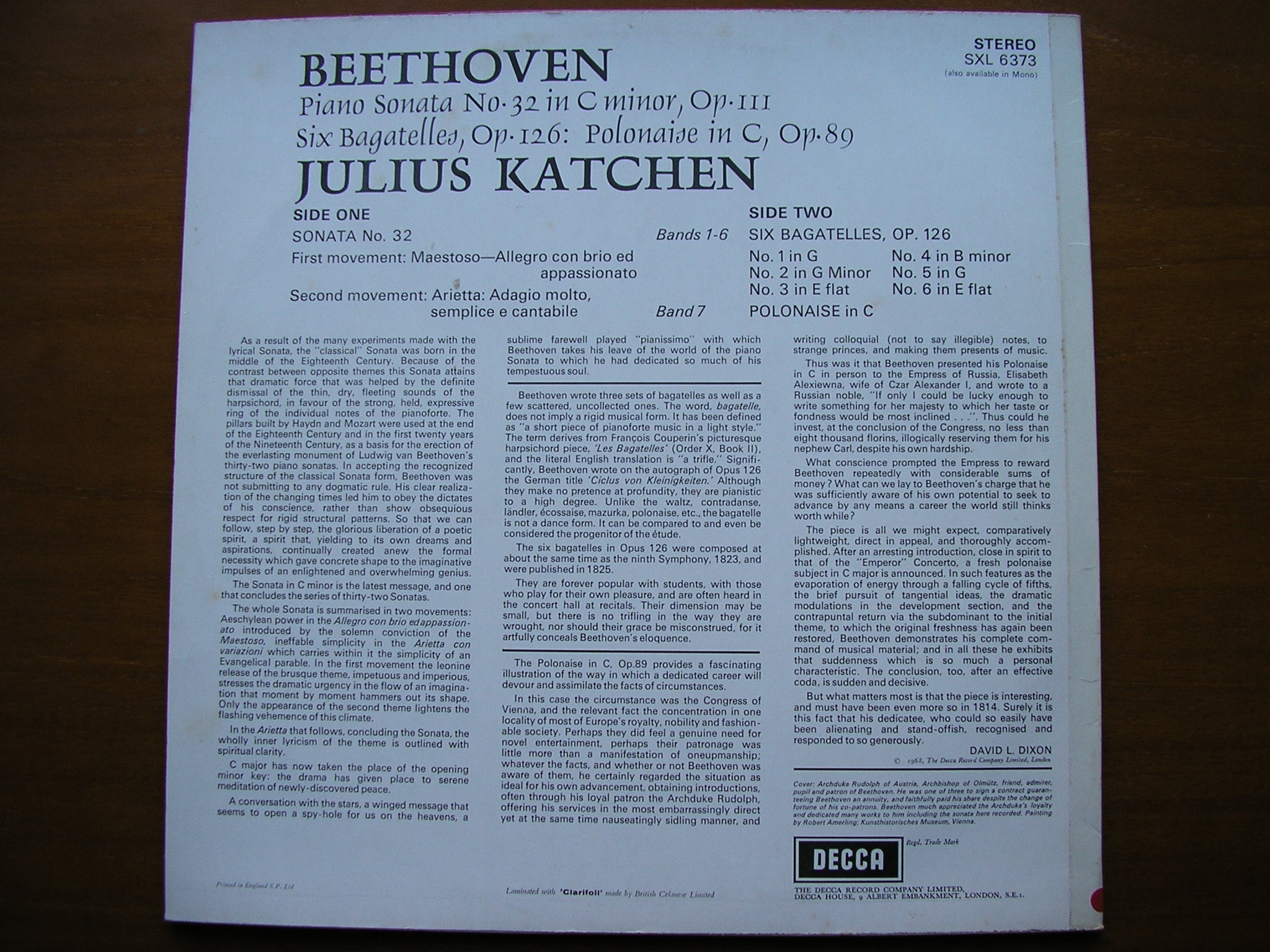 SXL 6373  BEETHOVEN: PIANO SONATA No. 32 / BAGATELLES  Op. 126 / POLONAISE Op. 89      JULIUS KATCHEN    ED3