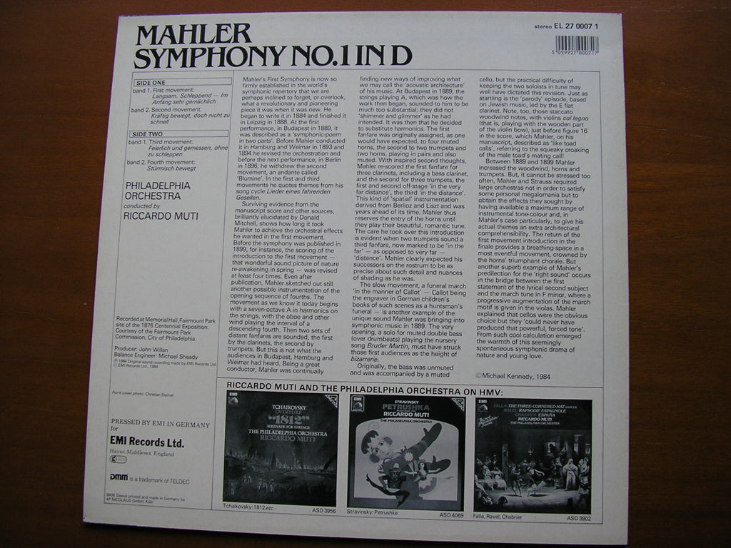 MAHLER: SYMPHONY No. 1       MUTI / PHILADELPHIA ORCHESTRA      EL 27 0007