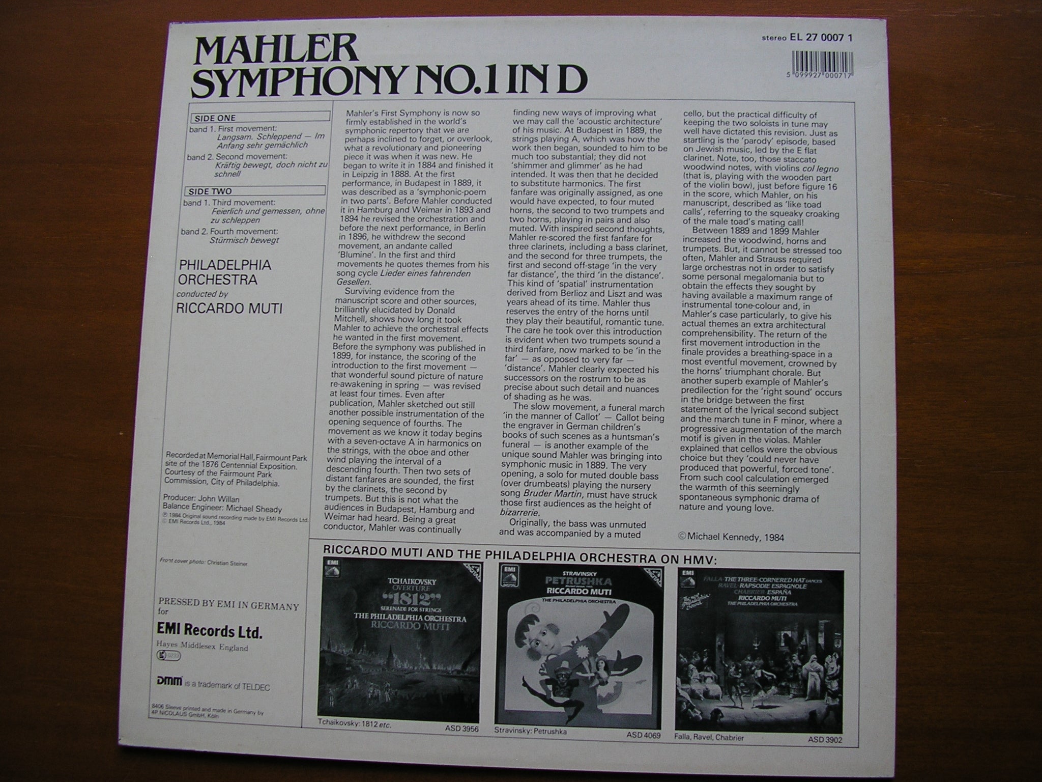 MAHLER: SYMPHONY No. 1       MUTI / PHILADELPHIA ORCHESTRA      EL 27 0007