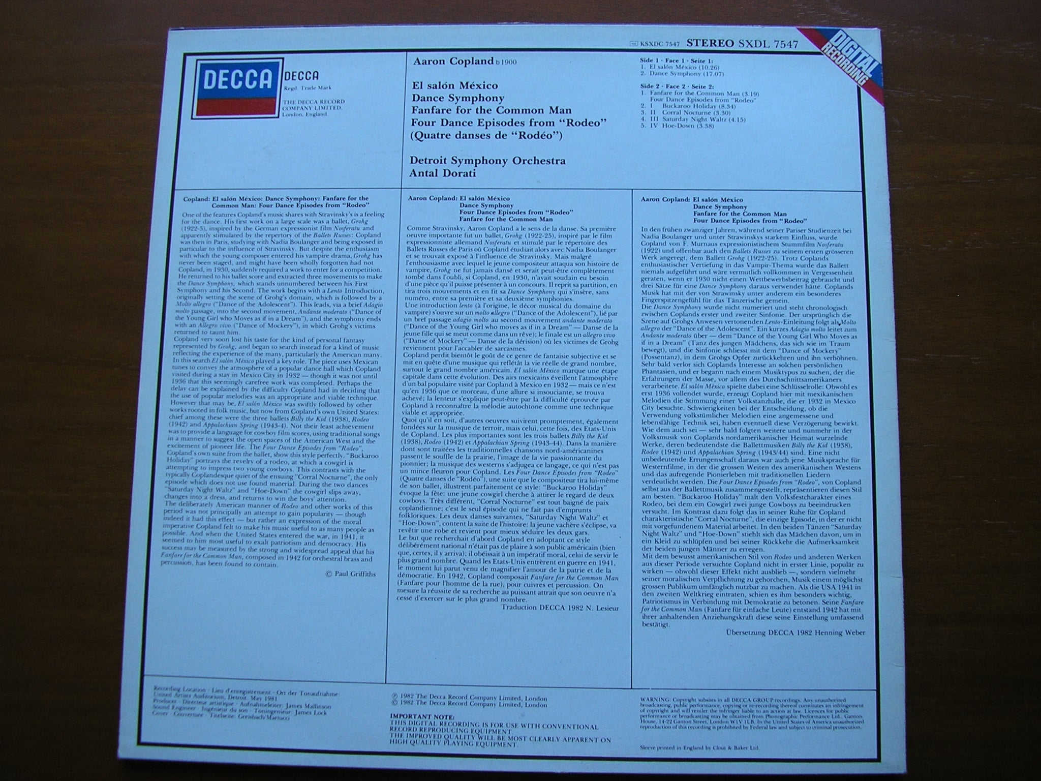 COPLAND: EL SALON MEXICO / DANCE SYMPHONY / FANFARE / RODEO    DORATI / DETROIT SYMPHONY   SXDL 7547