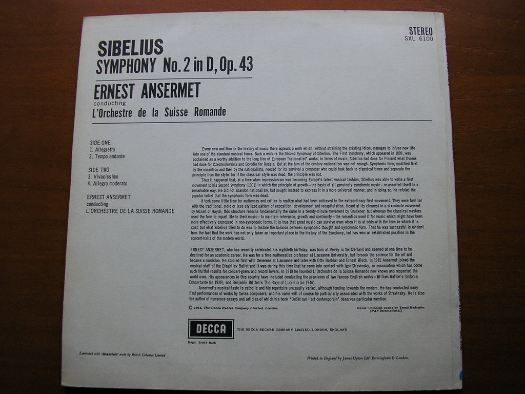 SXL 6100 SIBELIUS: SYMPHONY No. 2 ANSERMET / SUISSE ROMANDE