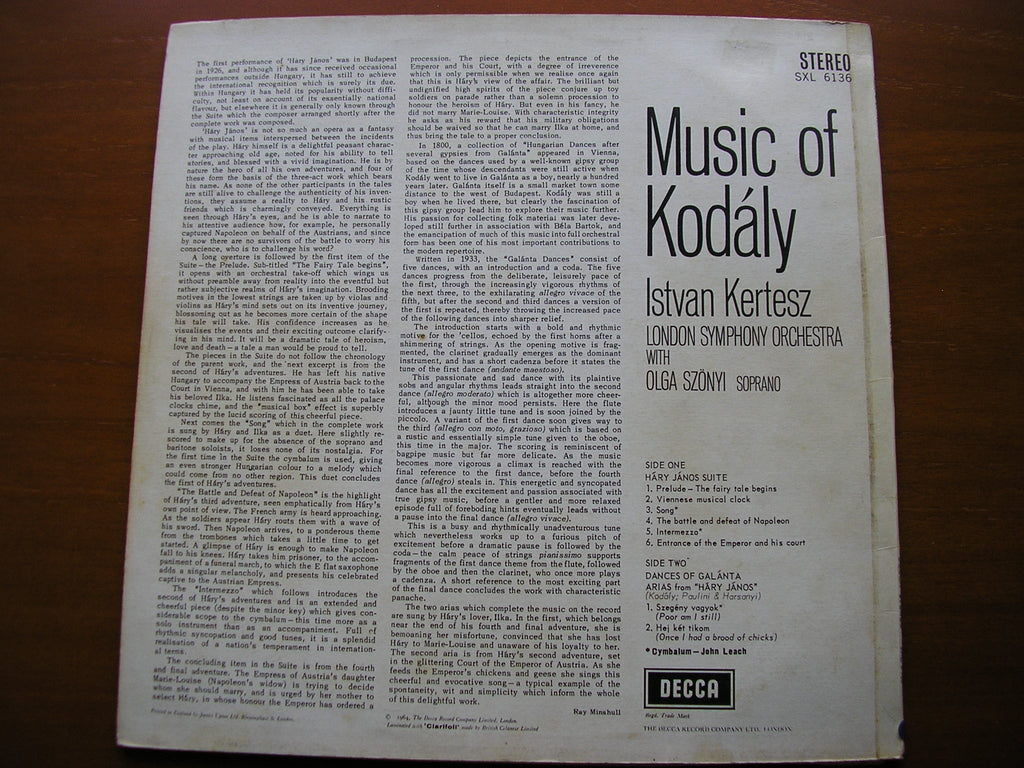SXL 6136 KODALY: HARY JANOS Suite / DANCES OF GALANTA KERTESZ / LONDON SYMPHONY
