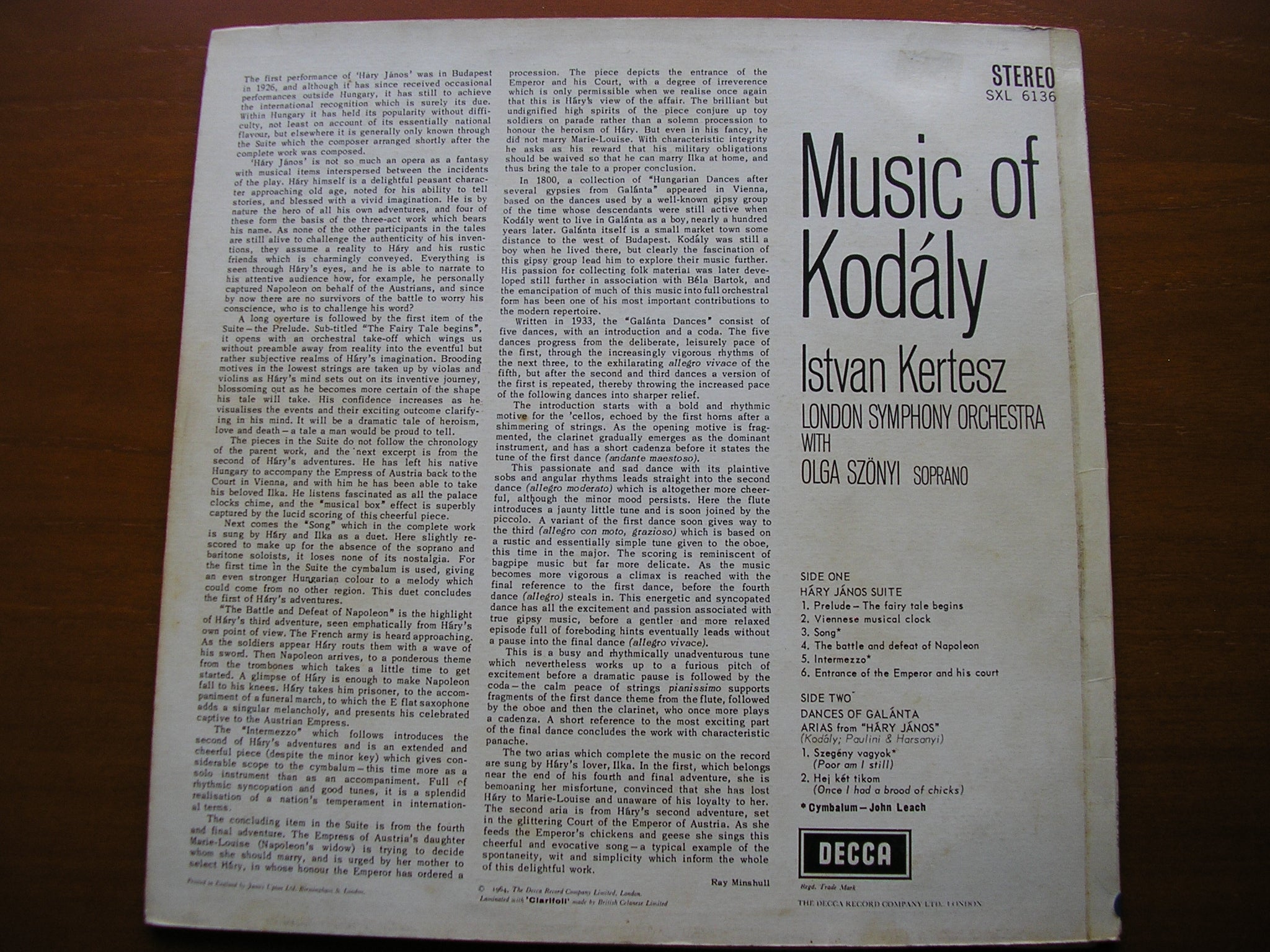 SXL 6136 KODALY: HARY JANOS Suite / DANCES OF GALANTA KERTESZ / LONDON SYMPHONY
