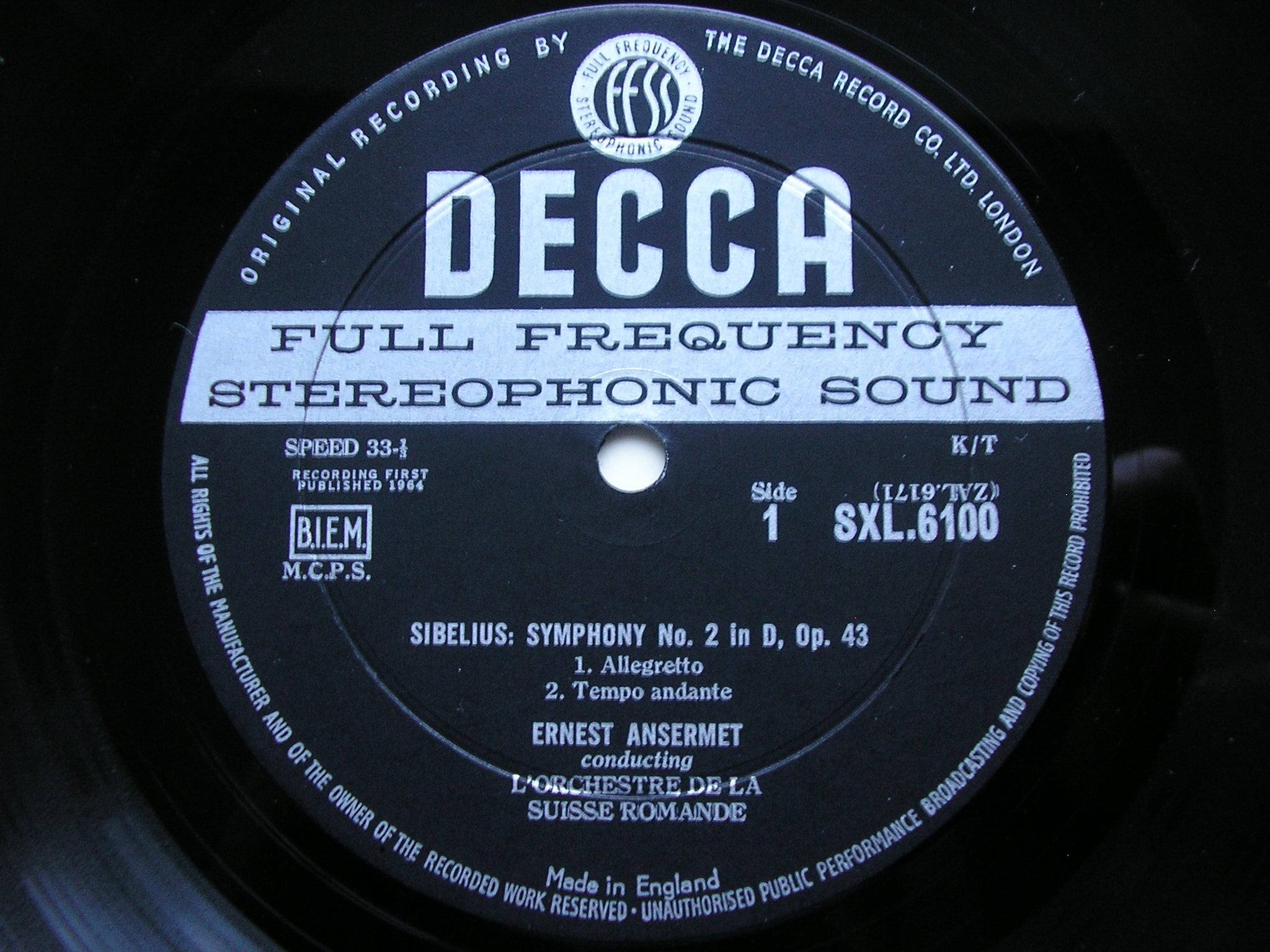 SXL 6100 SIBELIUS: SYMPHONY No. 2 ANSERMET / SUISSE ROMANDE