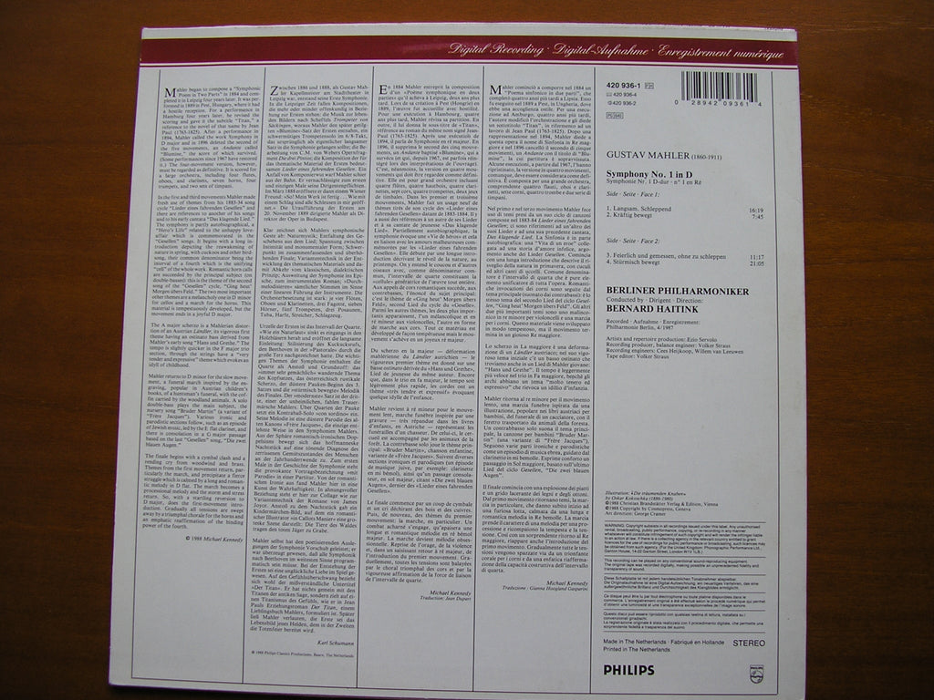 MAHLER: SYMPHONY No. 1       HAITINK / BERLIN PHILARMONIC     420 936