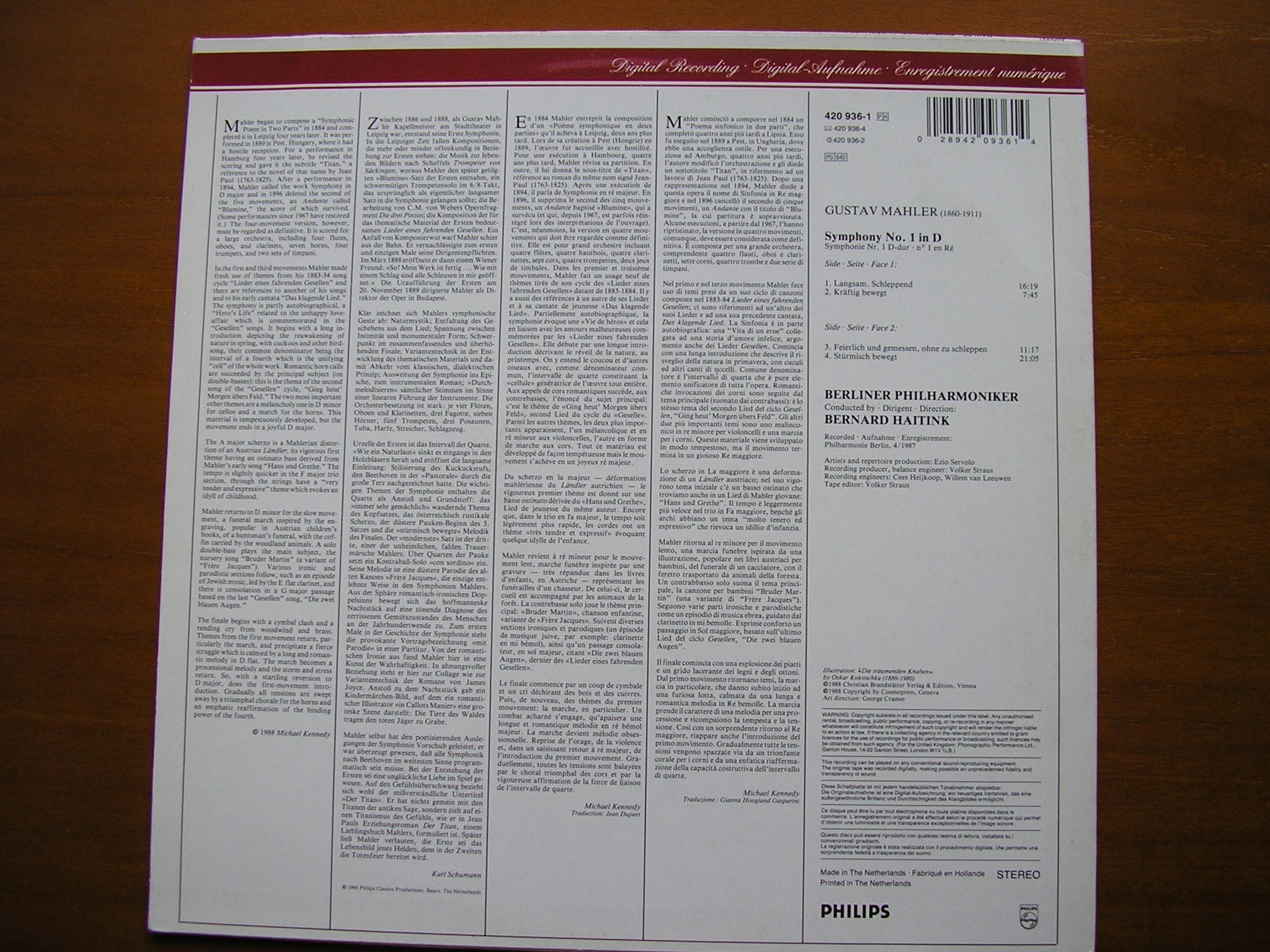 MAHLER: SYMPHONY No. 1       HAITINK / BERLIN PHILARMONIC     420 936