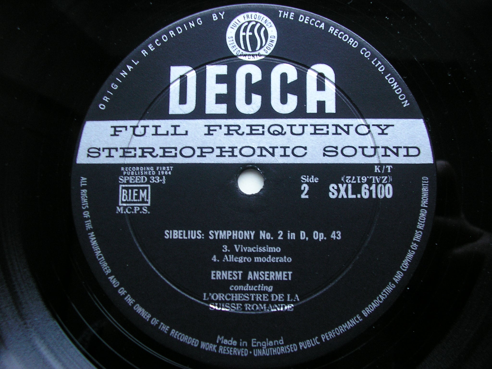 SXL 6100 SIBELIUS: SYMPHONY No. 2 ANSERMET / SUISSE ROMANDE
