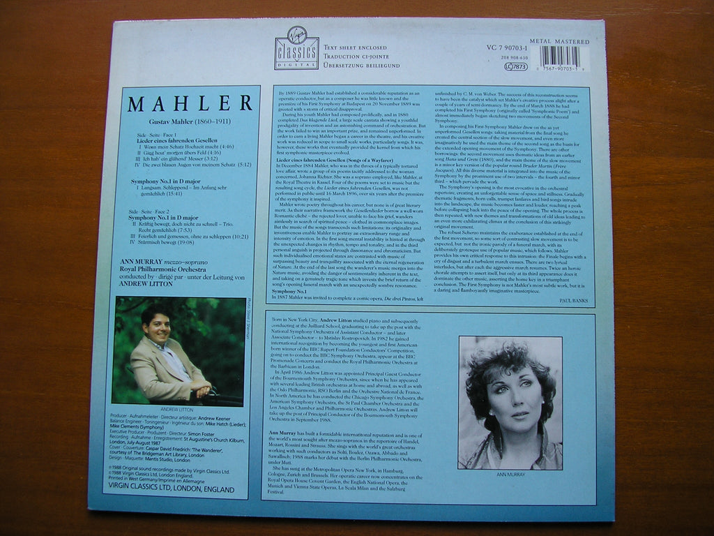 MAHLER: SYMPHONY No. 1 / LIEDER EINES FAHRENDEN GESELLEN      MURRAY / ROYAL PHILHARMONIC / LITTON     VC 7 90703