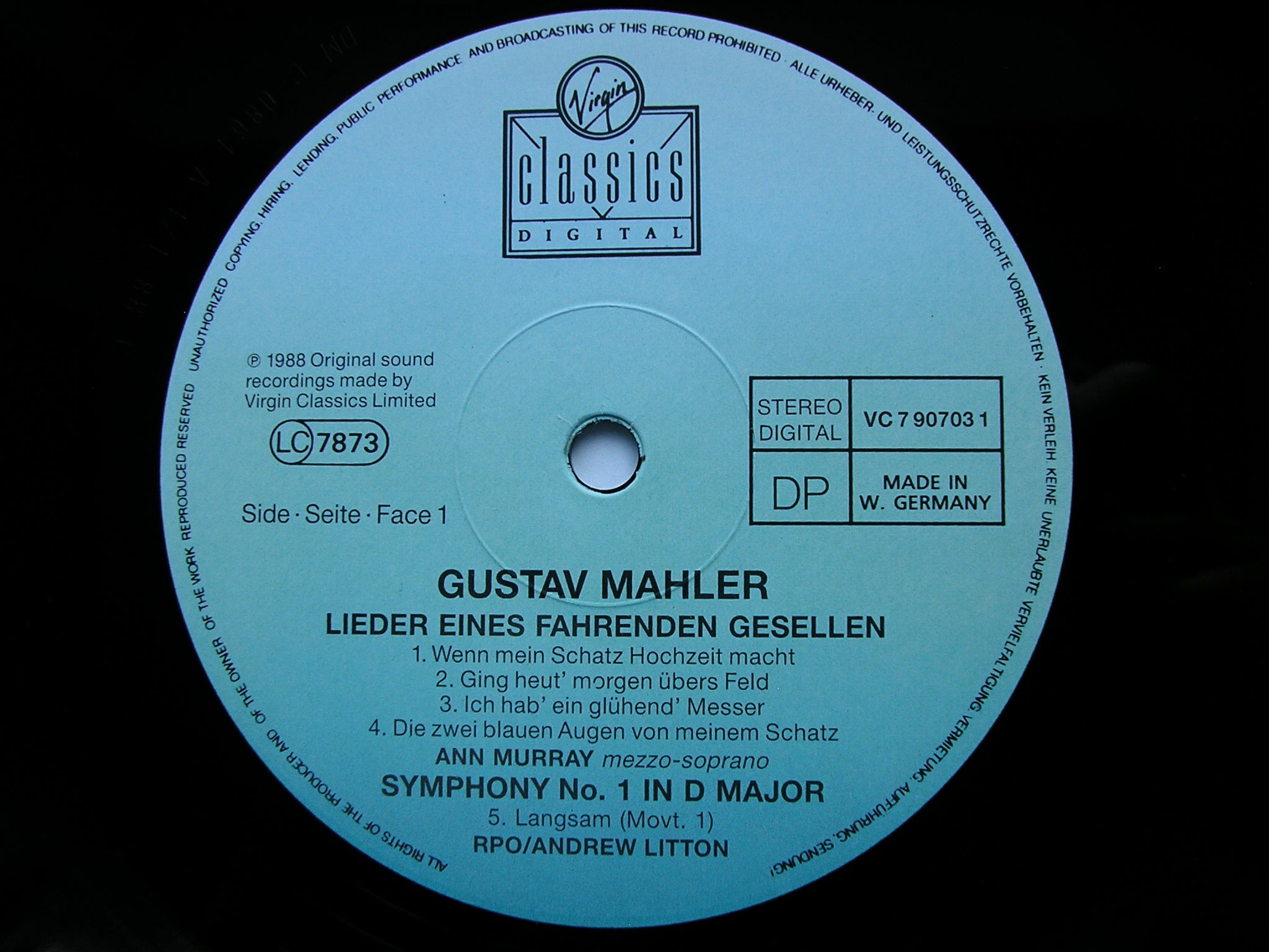 MAHLER: SYMPHONY No. 1 / LIEDER EINES FAHRENDEN GESELLEN      MURRAY / ROYAL PHILHARMONIC / LITTON     VC 7 90703