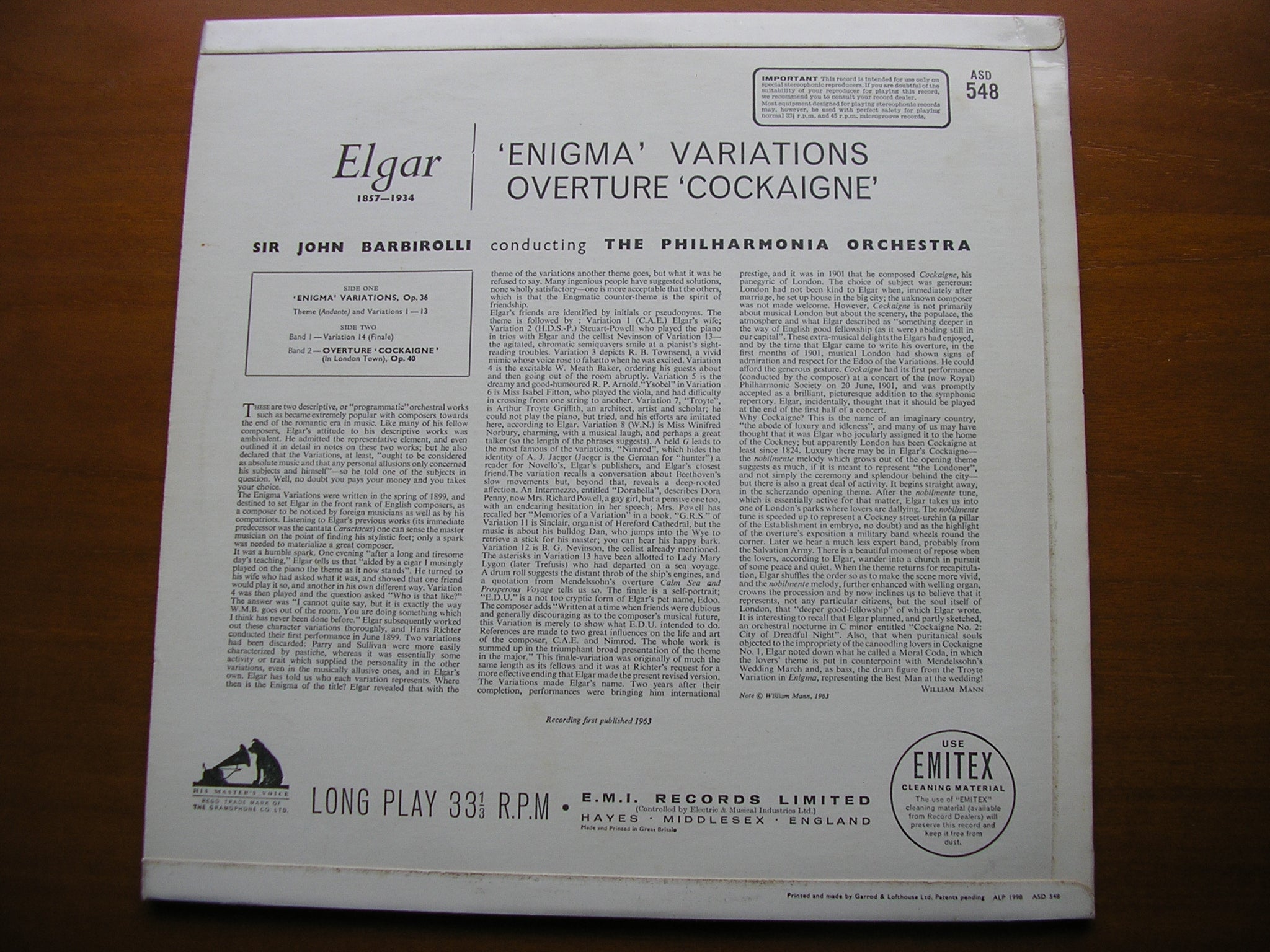 ELGAR: ENIGMA VARIATIONS / COCKAIGNE OVERTURE      BARBIROLLI / PHILHARMONIA     ASD 548