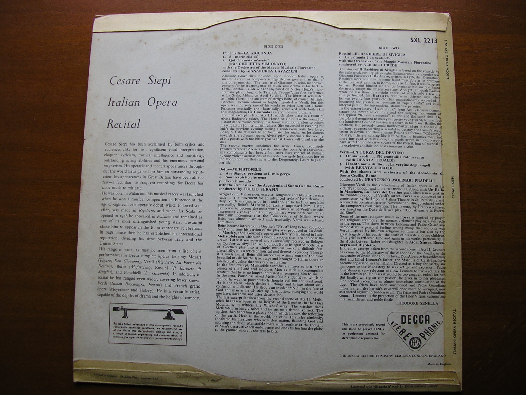 SXL 2213 CESARE SIEPI SINGS ITALIAN OPERA ARIAS: BOITO / VERDI / ROSSINI / PONCHIELLI