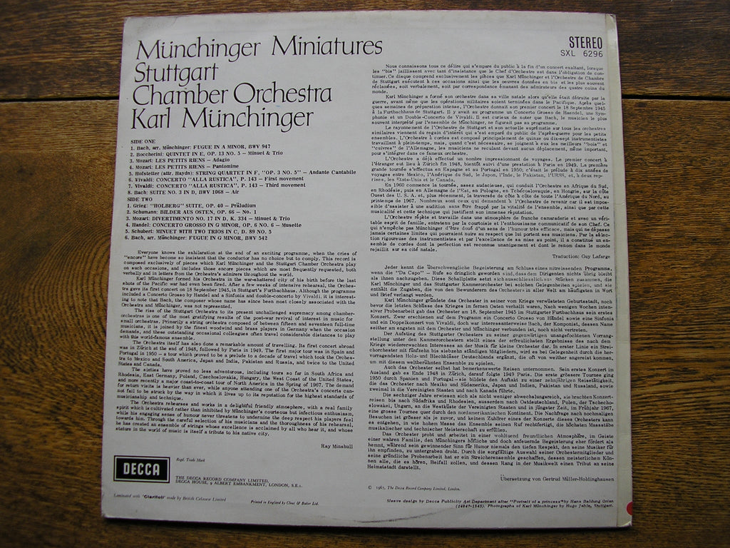 SXL 6296 MUNCHINGER MINIATURES KARL MUNCHINGER / STUTTGART CHAMBER ORCHESTRA