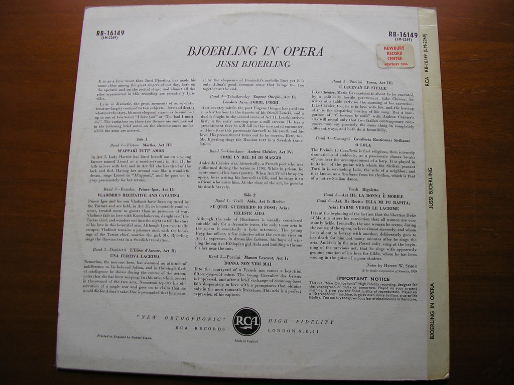 BJOERLING IN OPERA: FLOTOW / BORODIN / GIORDANO / VERDI / MASCAGNI / PUCCINI / DONIZETTI   RCA RB 16149
