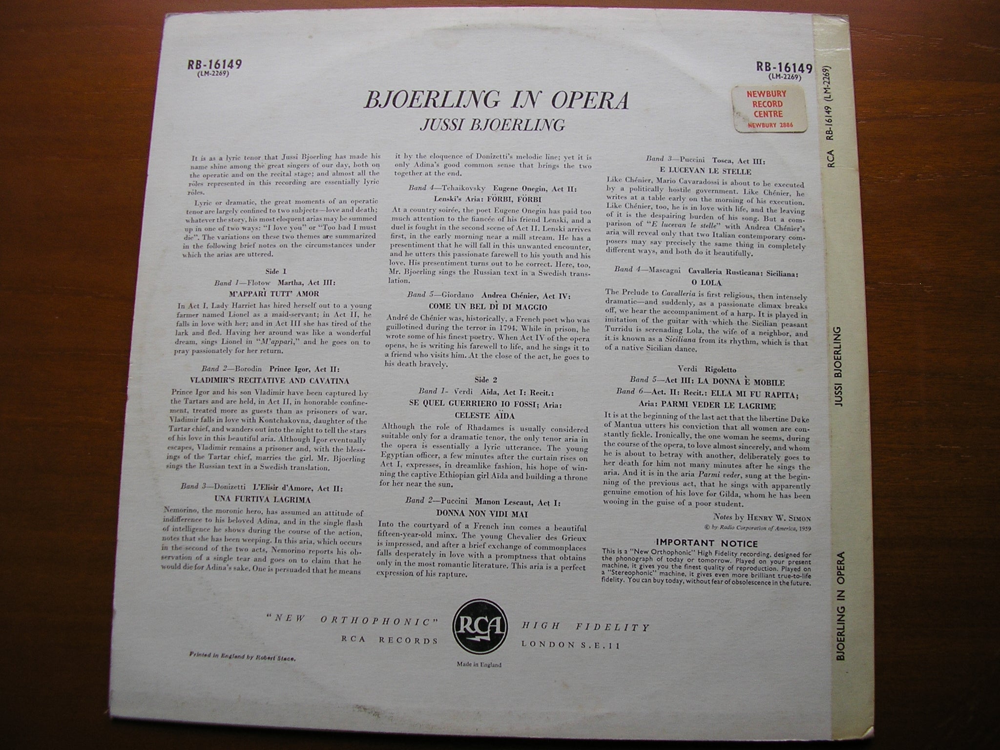 BJOERLING IN OPERA: FLOTOW / BORODIN / GIORDANO / VERDI / MASCAGNI / PUCCINI / DONIZETTI   RCA RB 16149