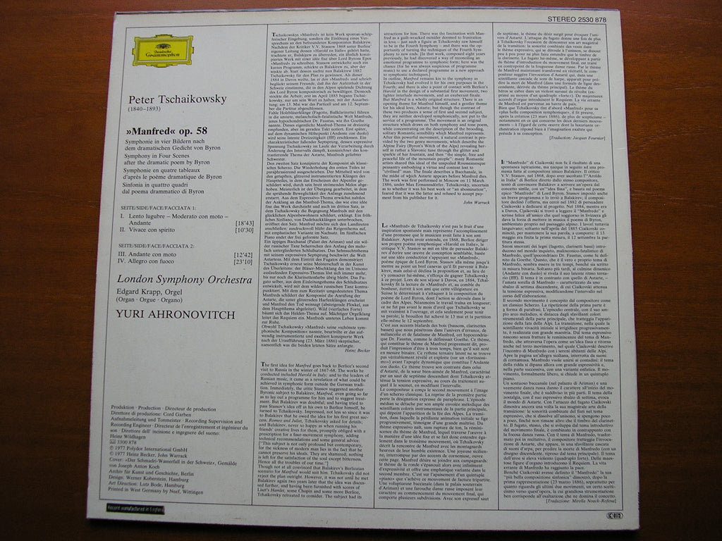 TCHAIKOVSKY: MANFRED      AHRONOVICH / LONDON SYMPHONY    2530 878
