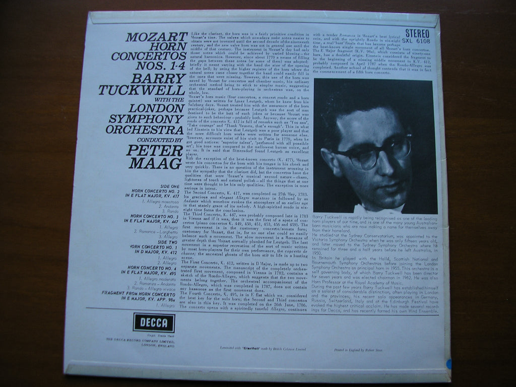 SXL 6108   MOZART: HORN CONCERTOS Nos. 1 - 4      TUCKWELL / LONDON SYMPHONY / MAAG      ED1