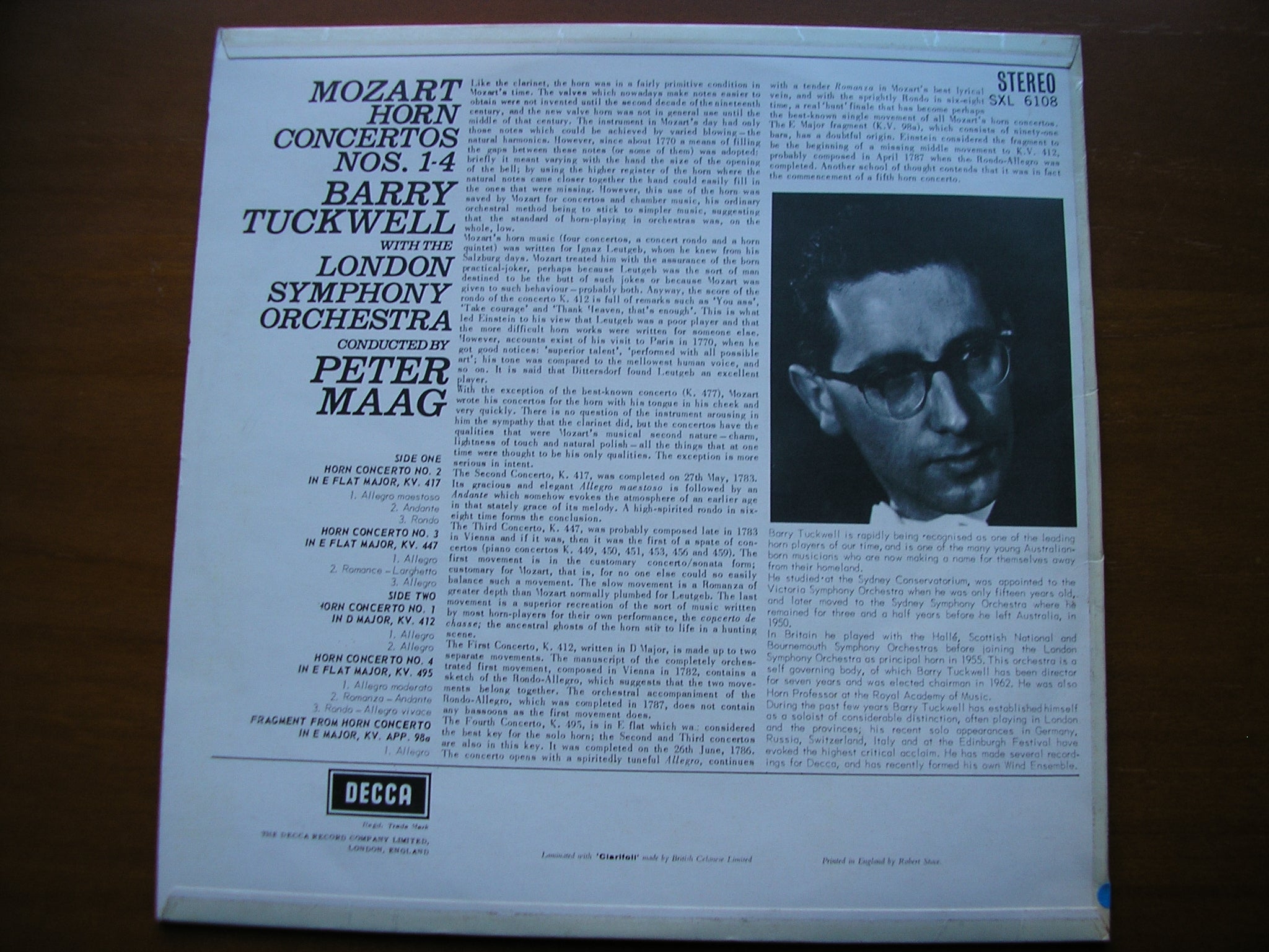 SXL 6108   MOZART: HORN CONCERTOS Nos. 1 - 4      TUCKWELL / LONDON SYMPHONY / MAAG      ED1