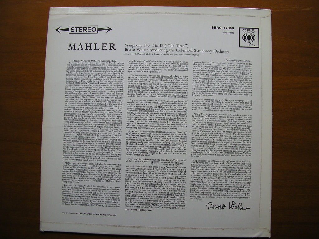 MAHLER: SYMPHONY No. 1       WALTER / COLUMBIA SYMPHONY     SBRG 72099