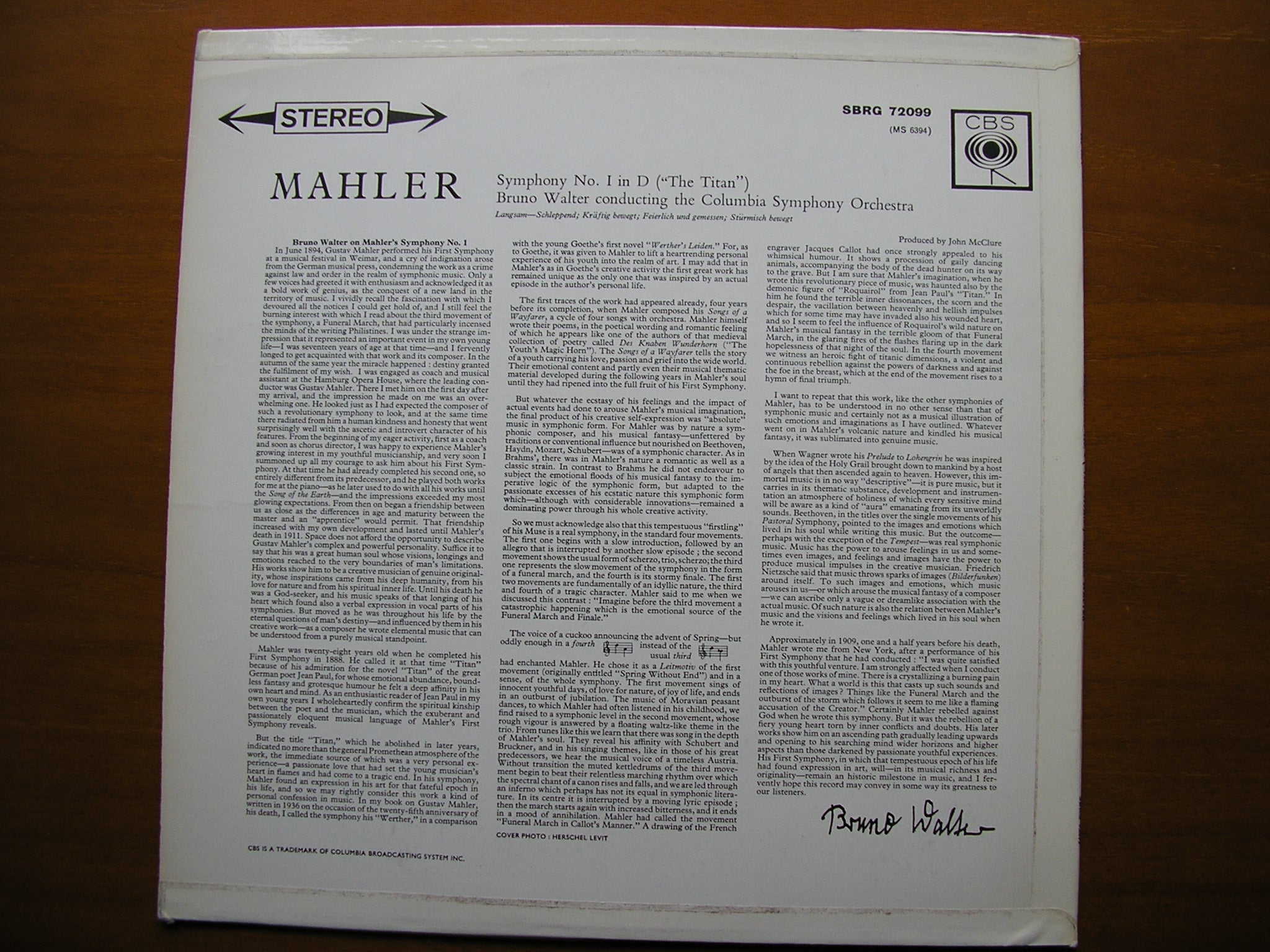 MAHLER: SYMPHONY No. 1       WALTER / COLUMBIA SYMPHONY     SBRG 72099