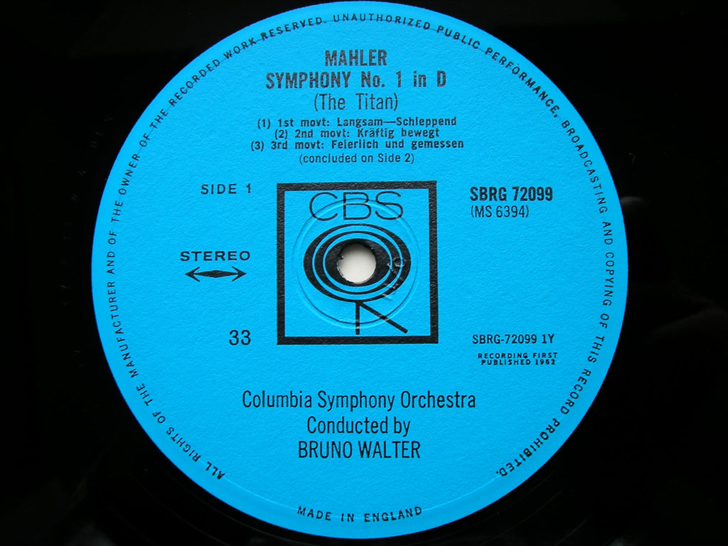 MAHLER: SYMPHONY No. 1       WALTER / COLUMBIA SYMPHONY     SBRG 72099