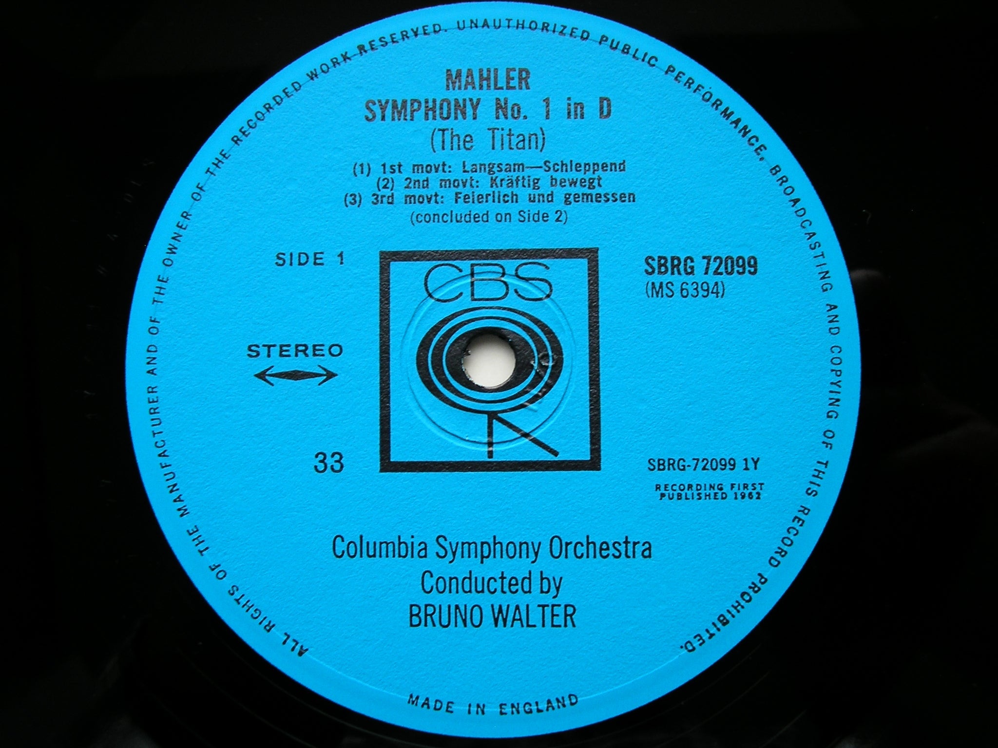 MAHLER: SYMPHONY No. 1       WALTER / COLUMBIA SYMPHONY     SBRG 72099