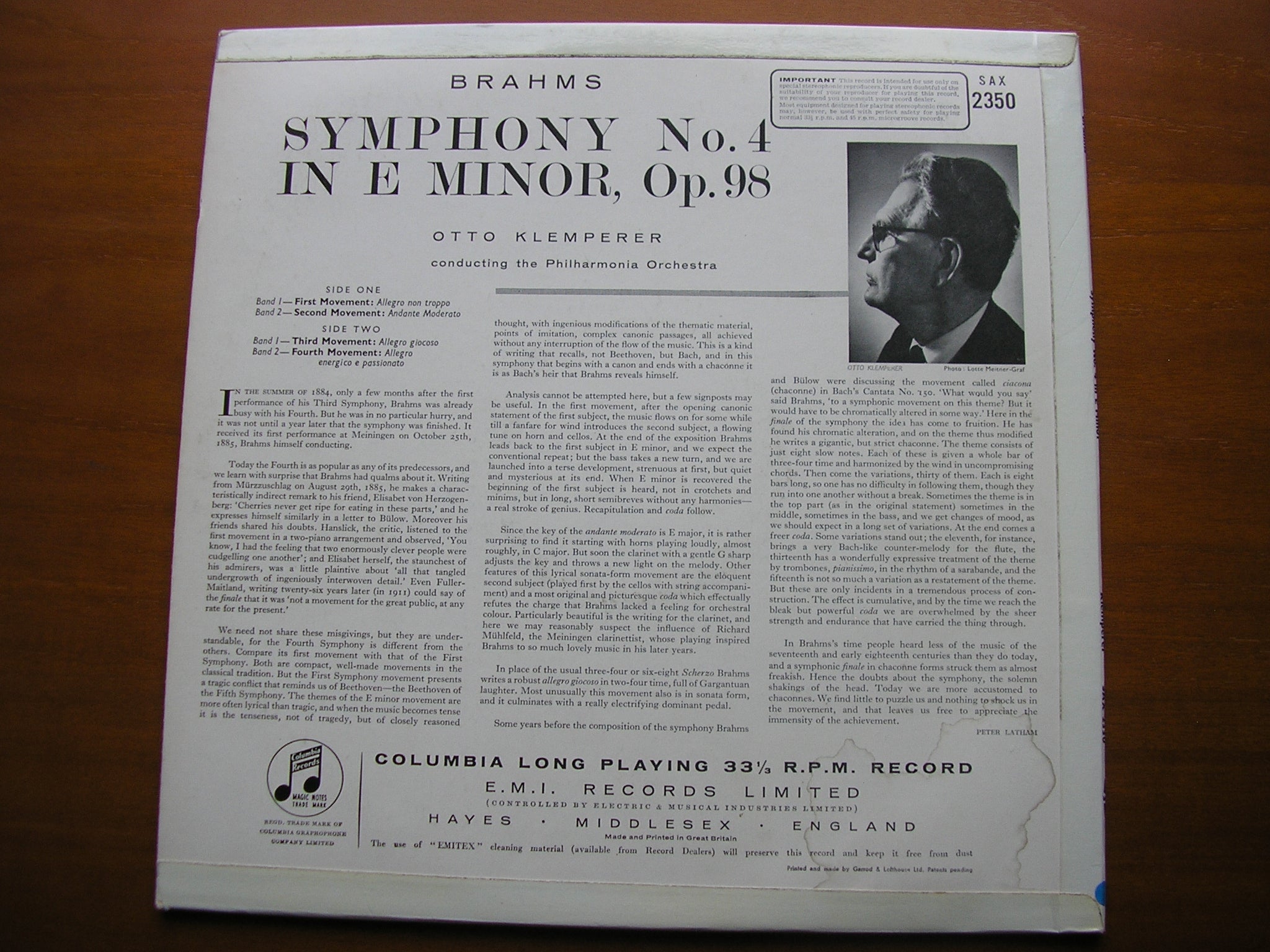 SAX 2350  BRAHMS: SYMPHONY No. 4        PHILHARMONIA / KLEMPERER