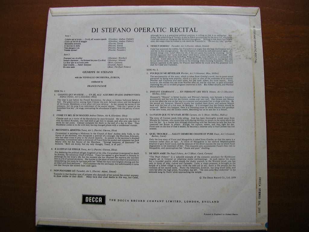 SXL 2111 DI STEFANO SINGS OPERA ARIAS: MASSENET / GOUNOD / BIZET / PUCCINI / GIORDANO TONHALLE ORCHESTRA / PATANE