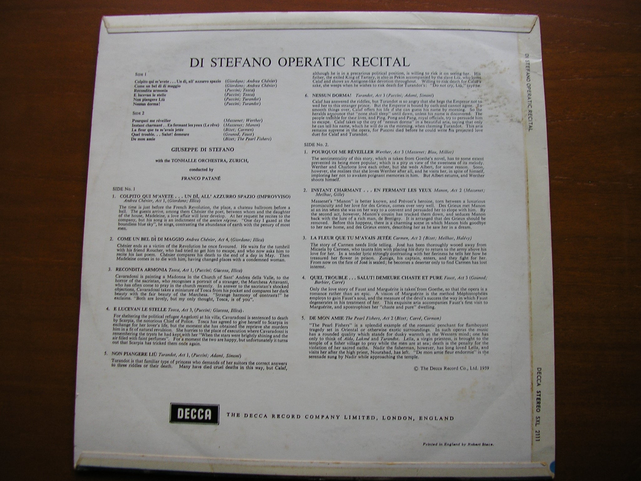 SXL 2111 DI STEFANO SINGS OPERA ARIAS: MASSENET / GOUNOD / BIZET / PUCCINI / GIORDANO TONHALLE ORCHESTRA / PATANE