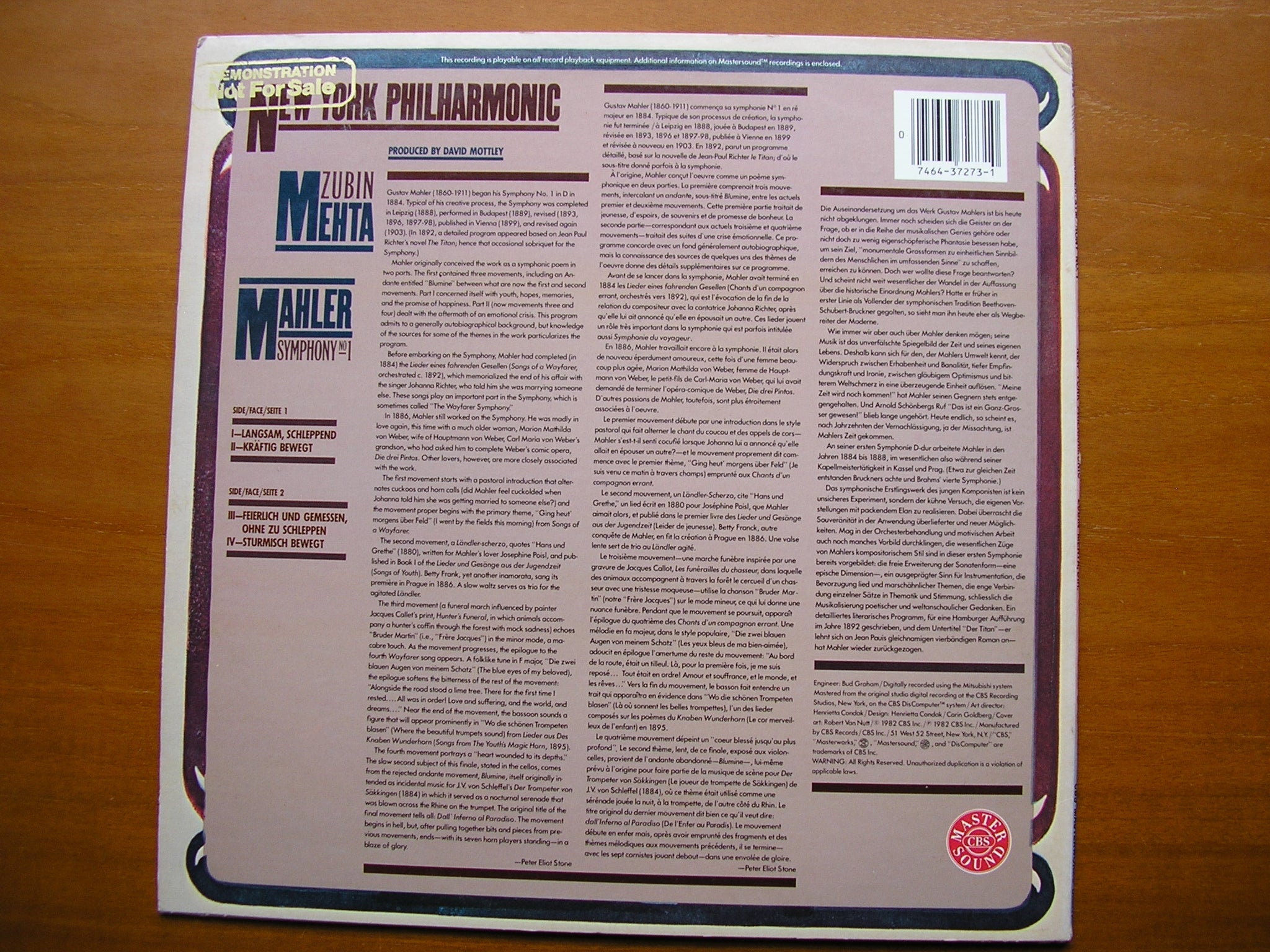MAHLER: SYMPHONY No. 1       MEHTA / NEW YORK PHILHARMONIC      IM 37273