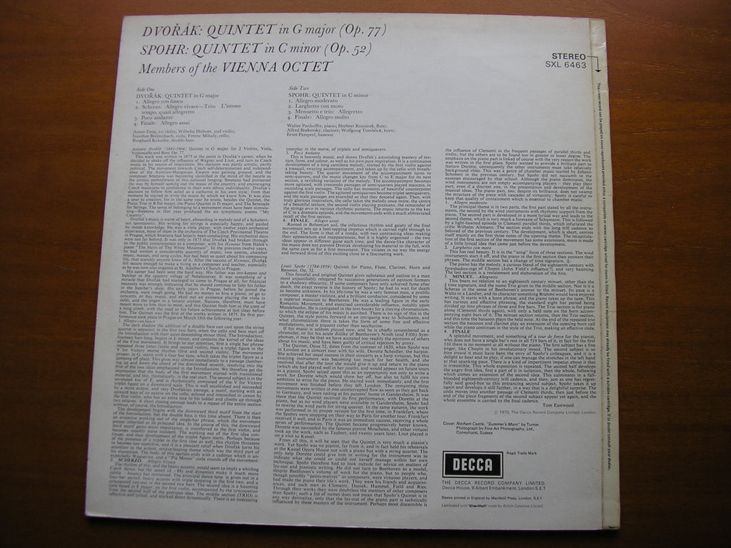 SXL 6463 DVORAK: QUINTET in G / SPOHR: QUINTET in C MEMBERS OF THE VIENNA OCTET