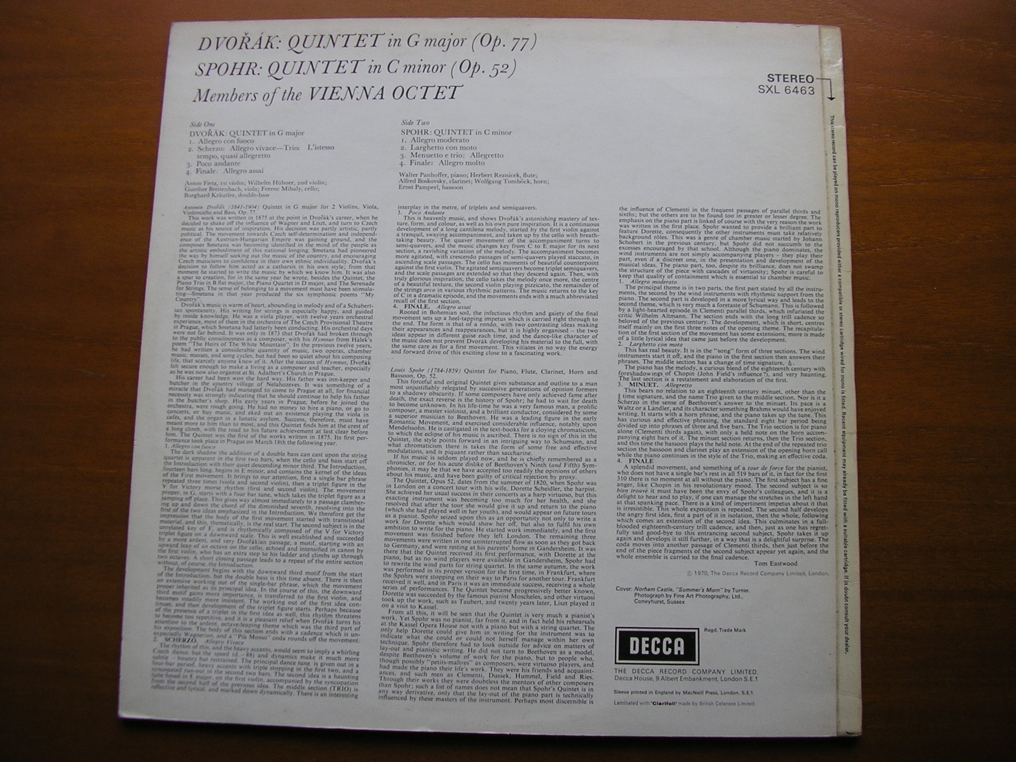 SXL 6463 DVORAK: QUINTET in G / SPOHR: QUINTET in C MEMBERS OF THE VIENNA OCTET