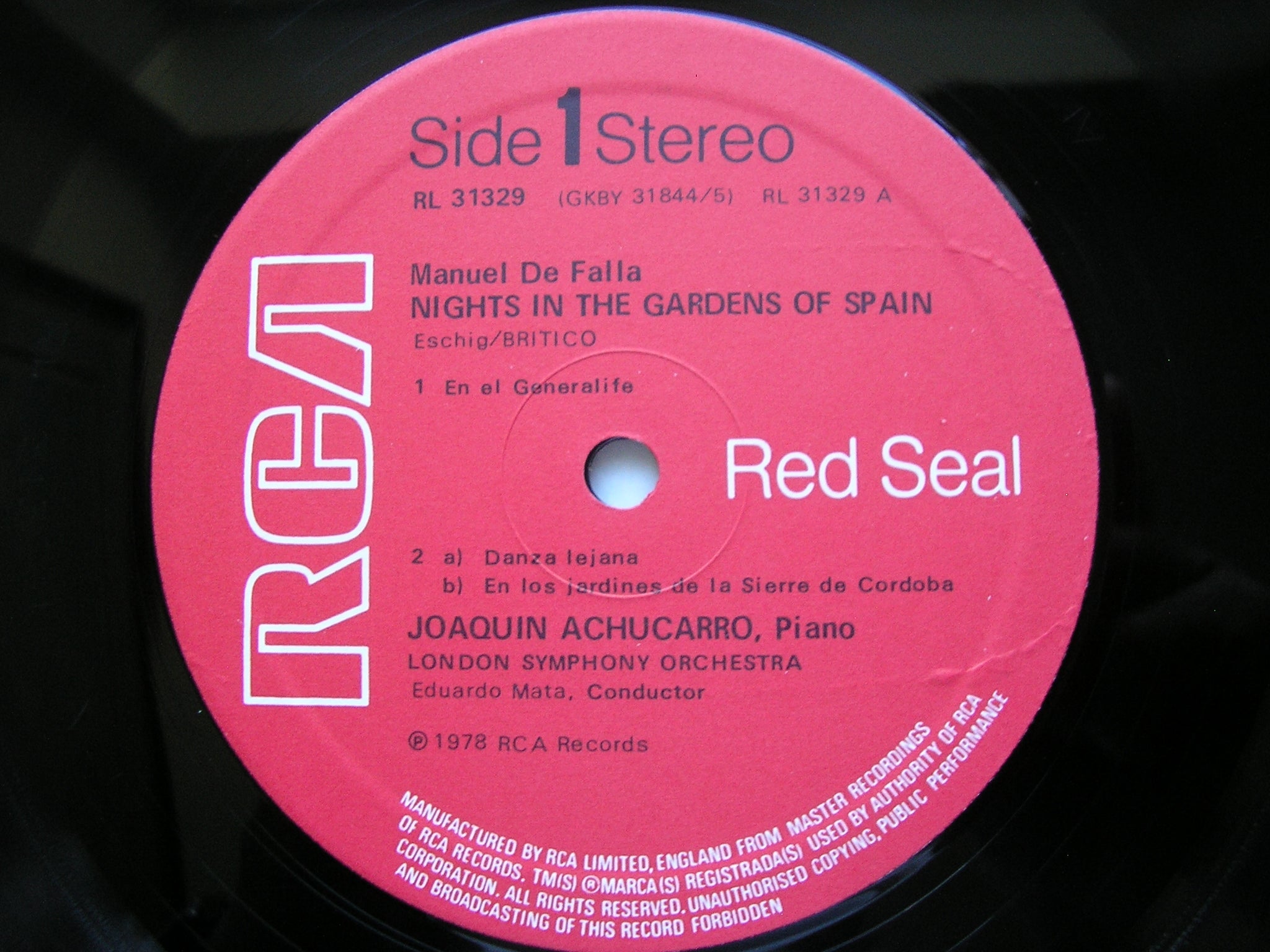 FALLA: NIGHTS IN THE GARDENS OF SPAIN / HARPSICHORD CONCERTO      ACHUCARRO / LONDON SYMPHONY ORCHESTRA / MATA    RL 31329