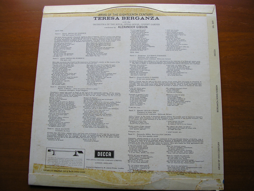 SXL 2251 TERESA BERGANZA SINGS 18th CENTURY ARIAS: GLUCK / CHERUBINI / PERGOLESI / HANDEL / PAISIELLO OROHCG / ALEXANDER GIBSON