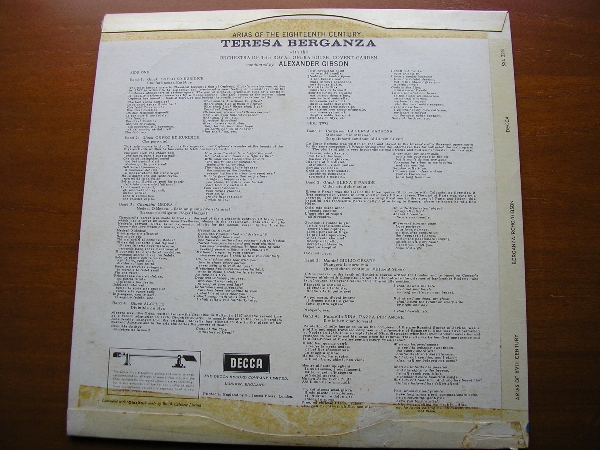 SXL 2251 TERESA BERGANZA SINGS 18th CENTURY ARIAS: GLUCK / CHERUBINI / PERGOLESI / HANDEL / PAISIELLO OROHCG / ALEXANDER GIBSON