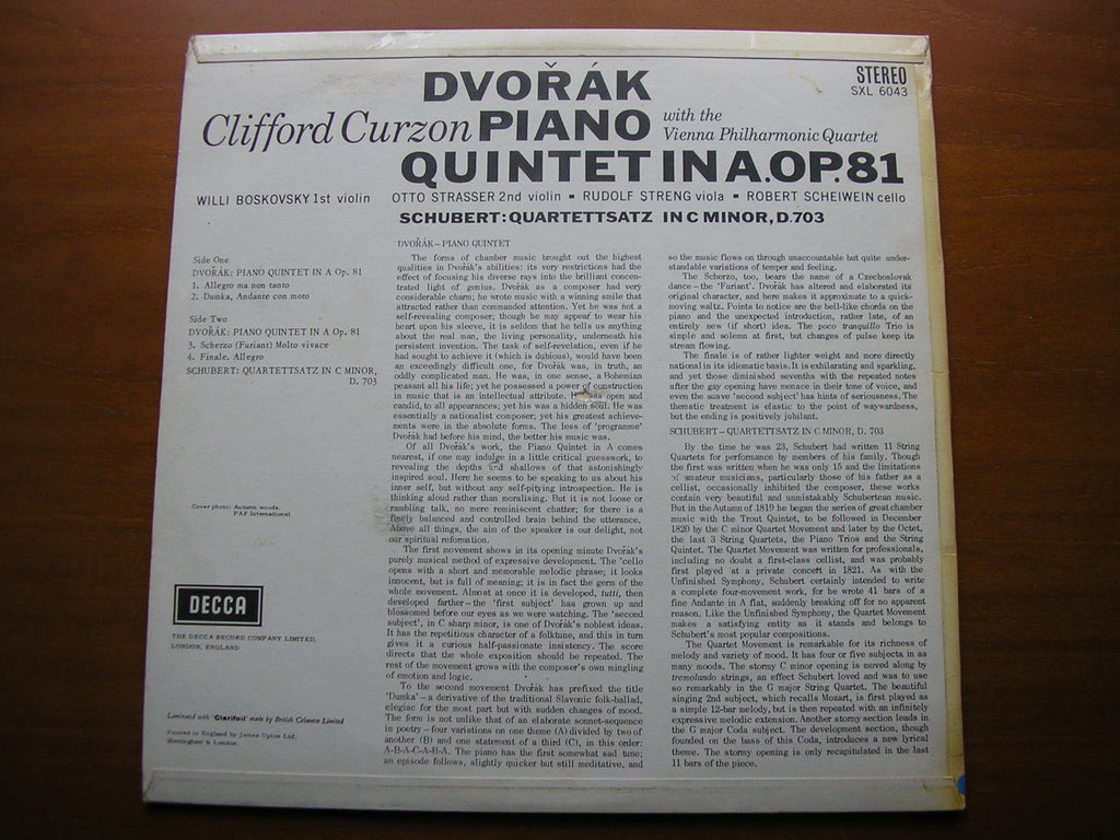 SXL 6043 DVORAK: PIANO QUINTET Op. 81 CURZON / VIENNA PHILHARMONIC QUARTET