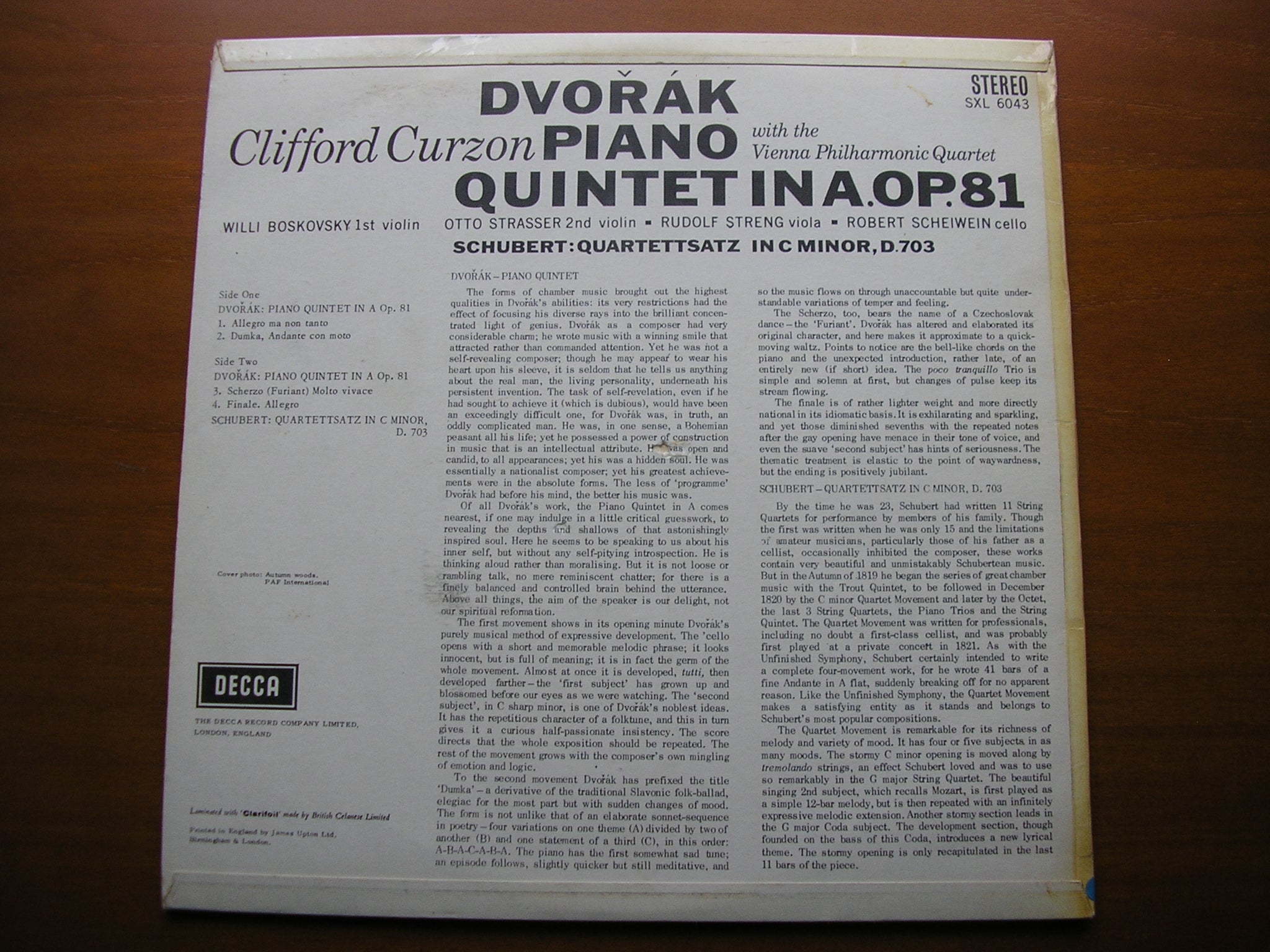 SXL 6043 DVORAK: PIANO QUINTET Op. 81 CURZON / VIENNA PHILHARMONIC QUARTET
