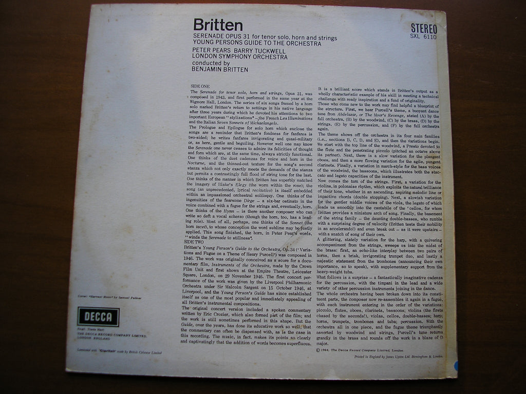 SXL 6110  BRITTEN: SERENADE / YOUNG PERSON'S GUIDE TO THE ORCHESTRA     PEARS / TUCWELL / LSO / BRITTEN     ED1