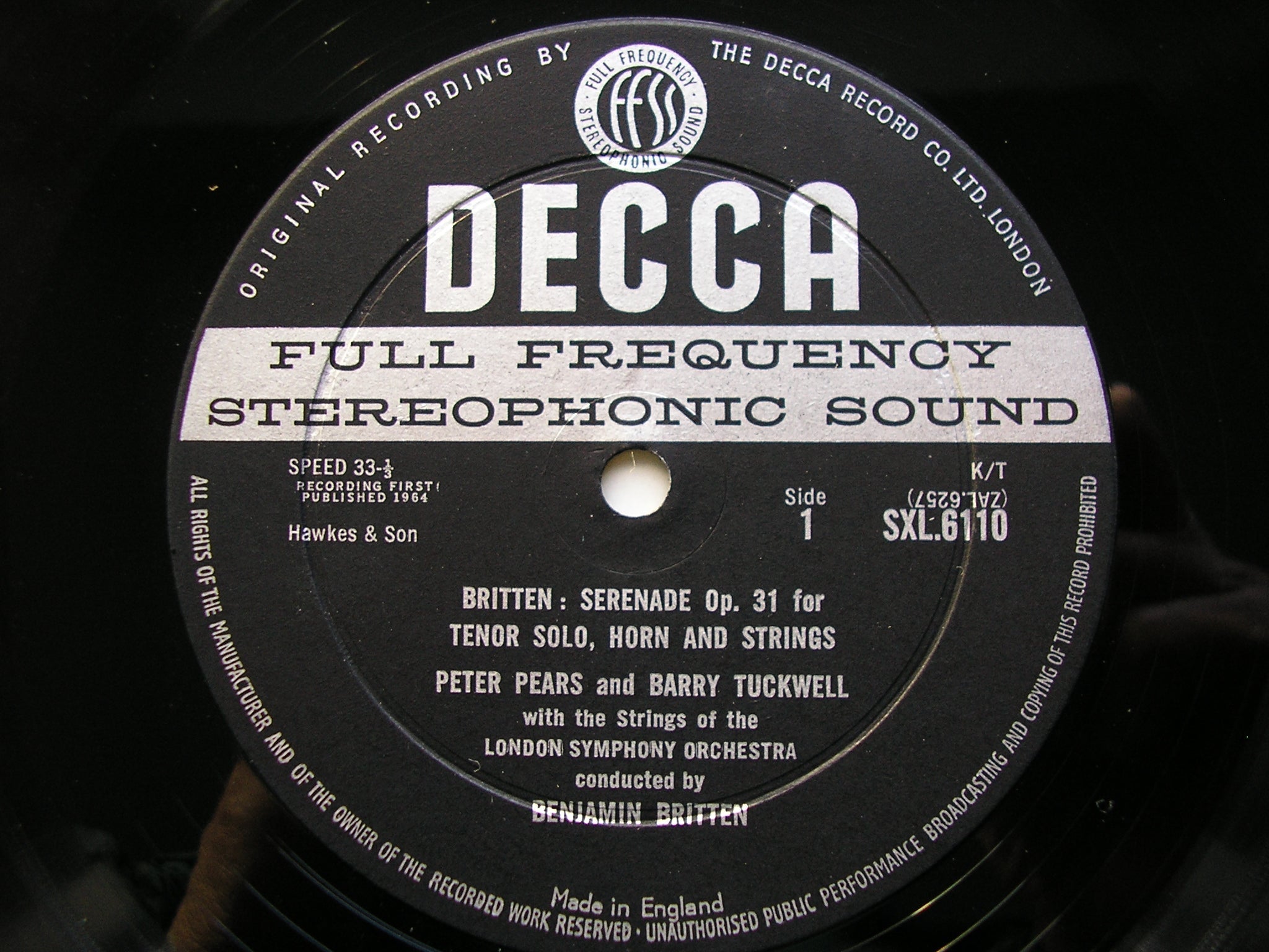 SXL 6110  BRITTEN: SERENADE / YOUNG PERSON'S GUIDE TO THE ORCHESTRA     PEARS / TUCWELL / LSO / BRITTEN     ED1