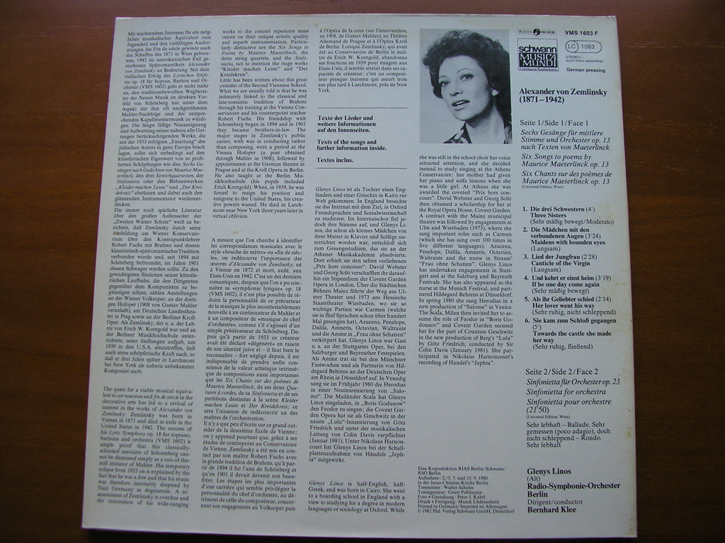 ZEMLINSKY: SIX SONGS / SINFONIETTA      LINOS / BERLIN RADIO ORCHESTRA / KLEE     VMS 1603 F