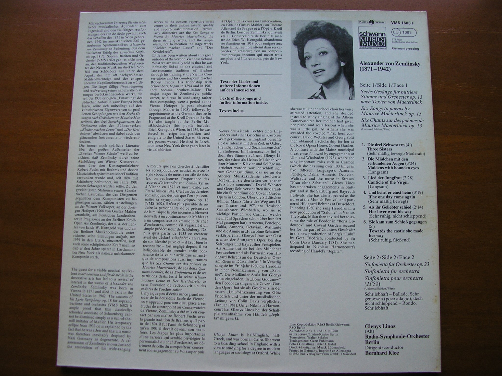 ZEMLINSKY: SIX SONGS / SINFONIETTA      LINOS / BERLIN RADIO ORCHESTRA / KLEE     VMS 1603 F